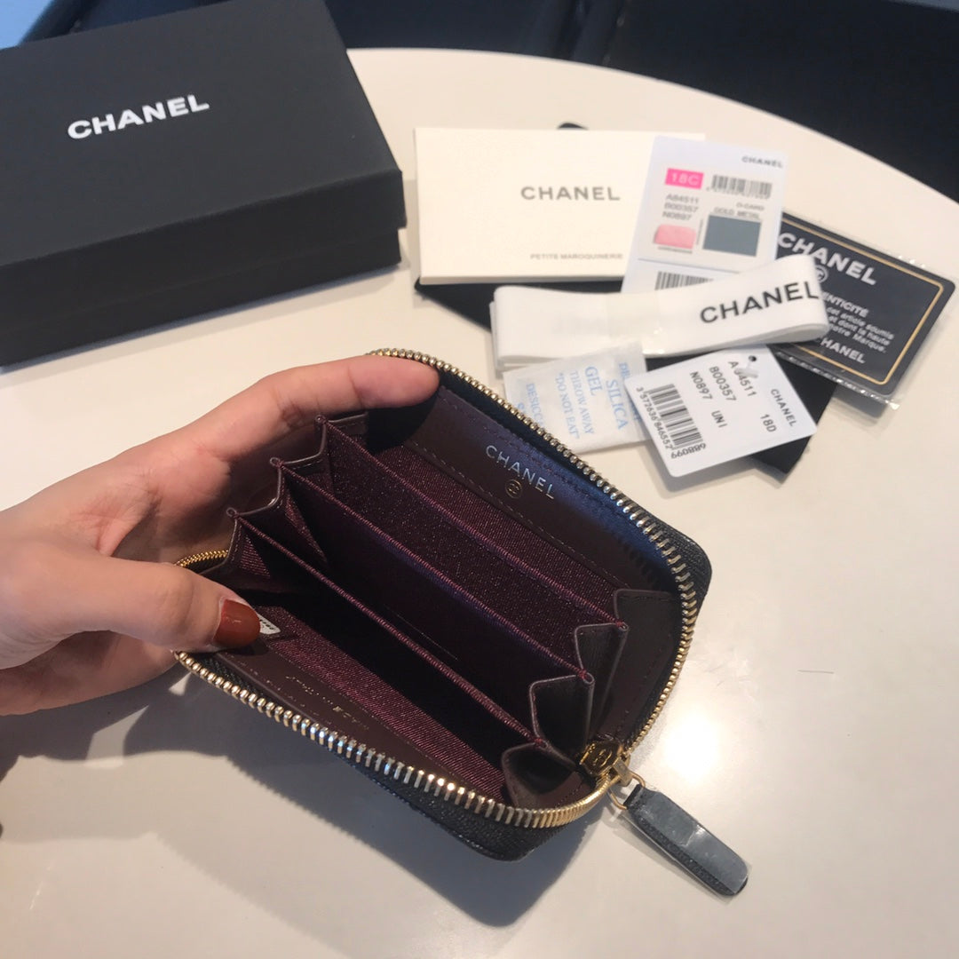 CHANEL ZIPPED CAVIAR PURSE 11 BLACK CALFSKIN GOLD ICON