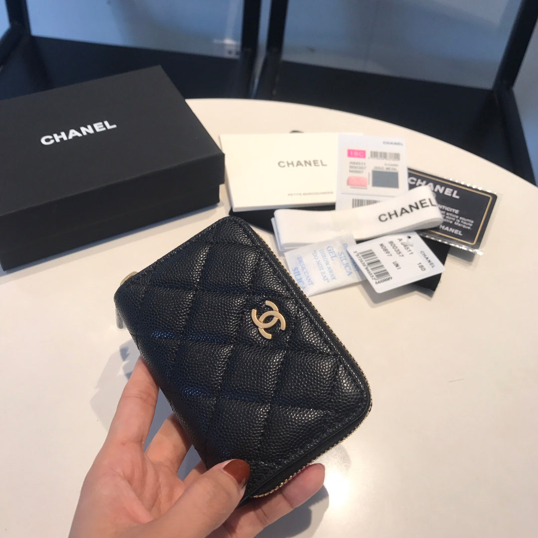 CHANEL ZIPPED CAVIAR PURSE 11 BLACK CALFSKIN GOLD ICON