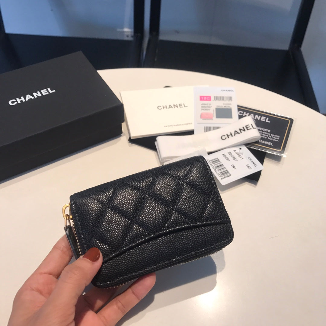 CHANEL ZIPPED CAVIAR PURSE 11 BLACK CALFSKIN GOLD ICON