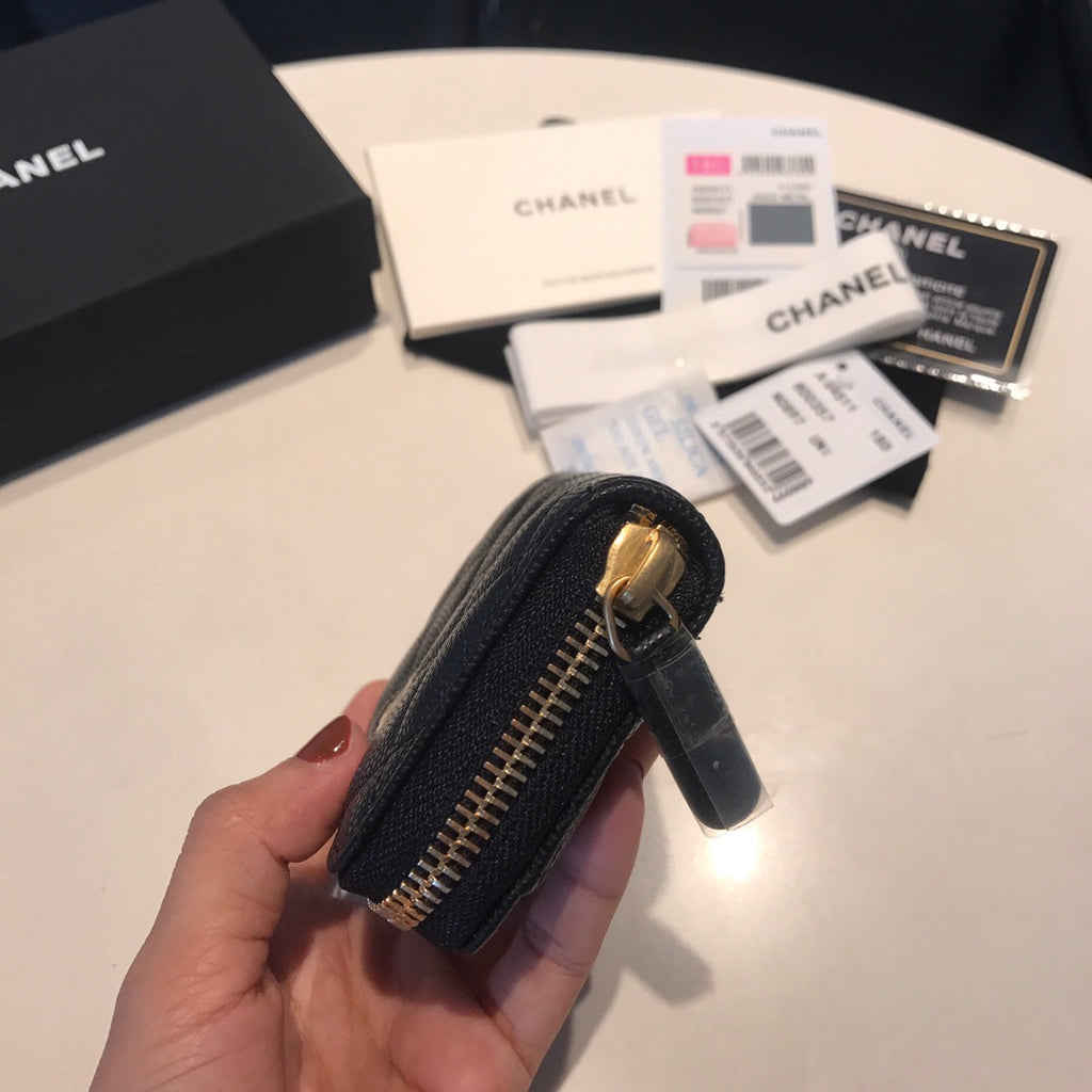CHANEL ZIPPED CAVIAR PURSE 11 BLACK CALFSKIN GOLD ICON