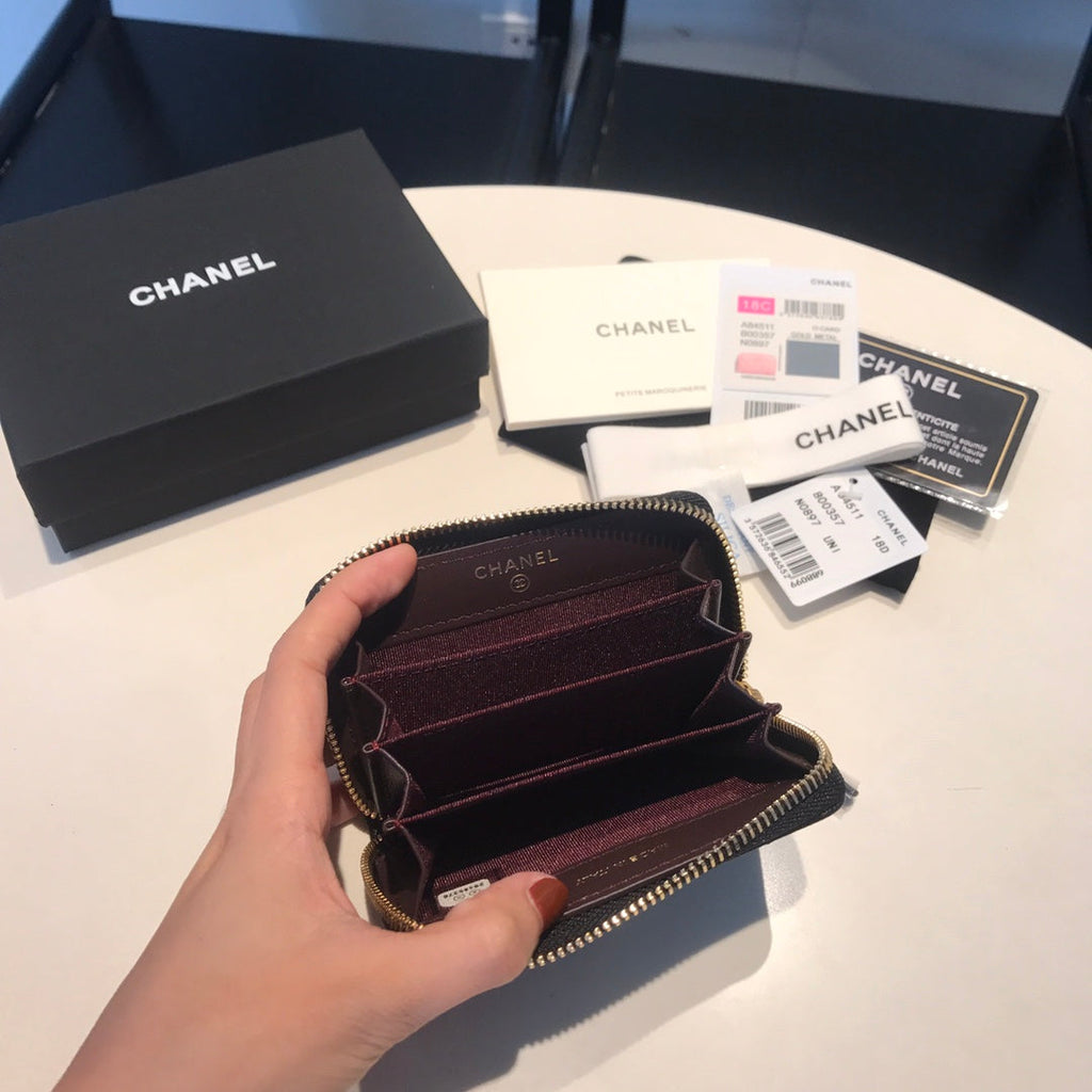 CHANEL ZIPPED CAVIAR PURSE 11 BLACK CALFSKIN GOLD ICON