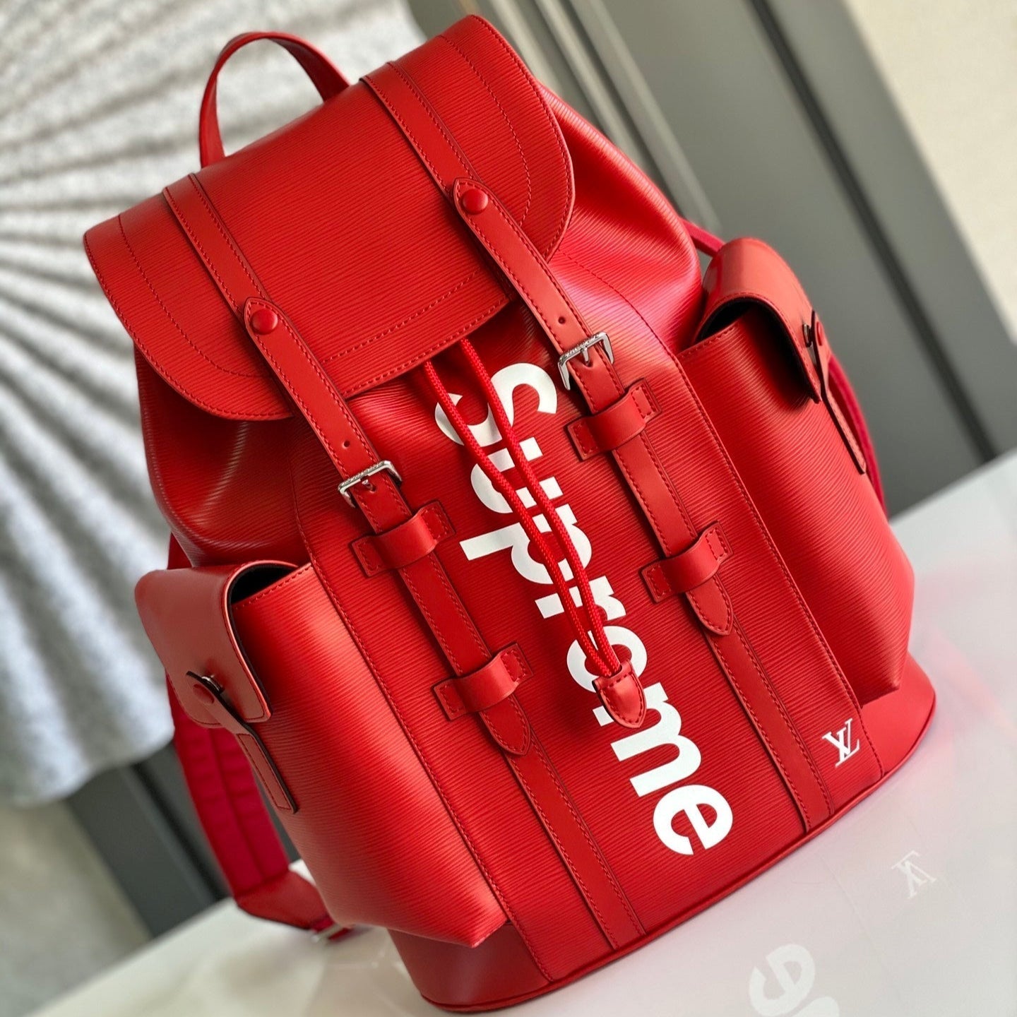 LOUIS VUITTON LV x SUPREME CHRISTOPHER SMALL BACKPACK 47 IN RED EPI CALFSKIN