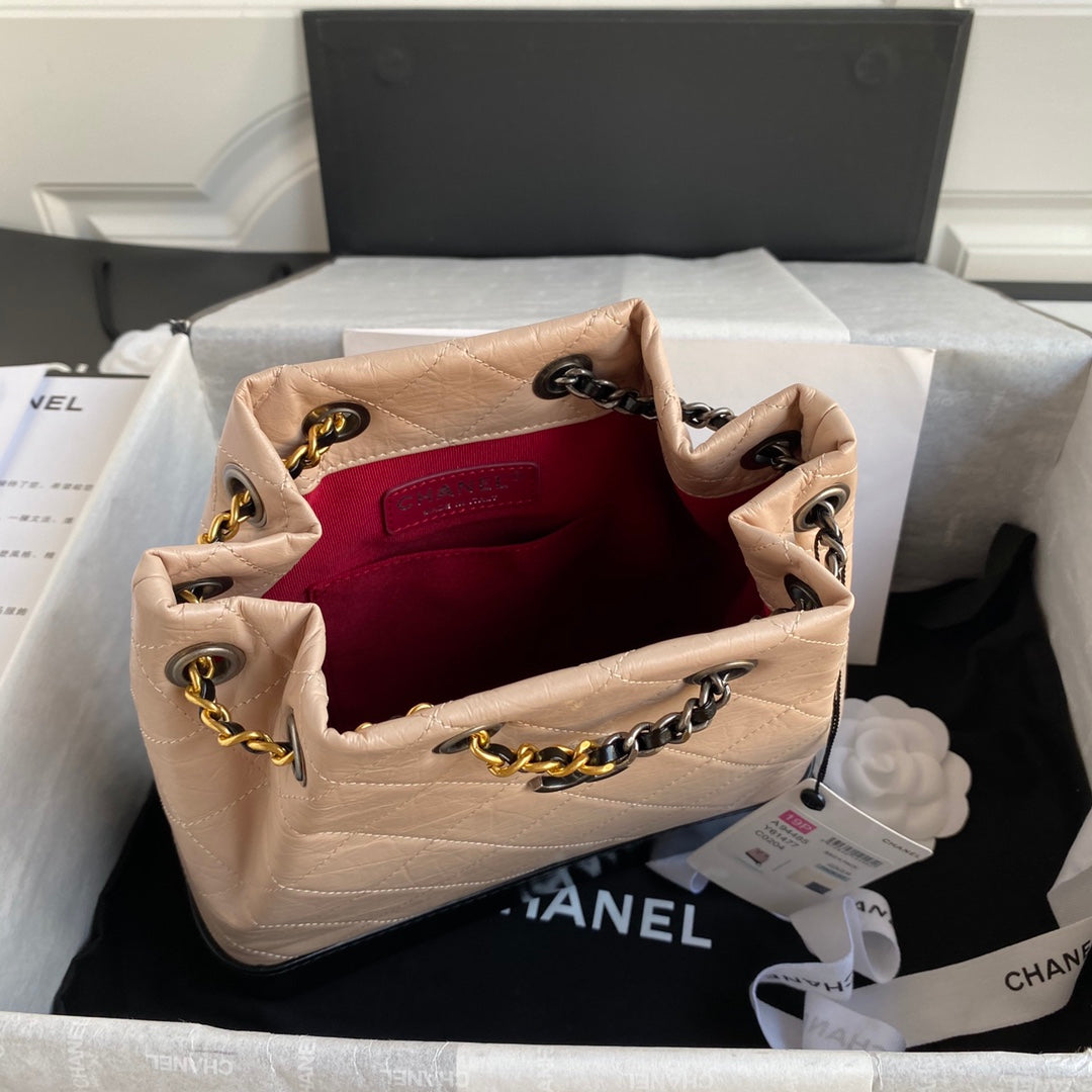 CHANEL GRABRIELLE SMALL 24 BACKPACK IN ALMOND BEIGE MIX BLACK CALFSKIN