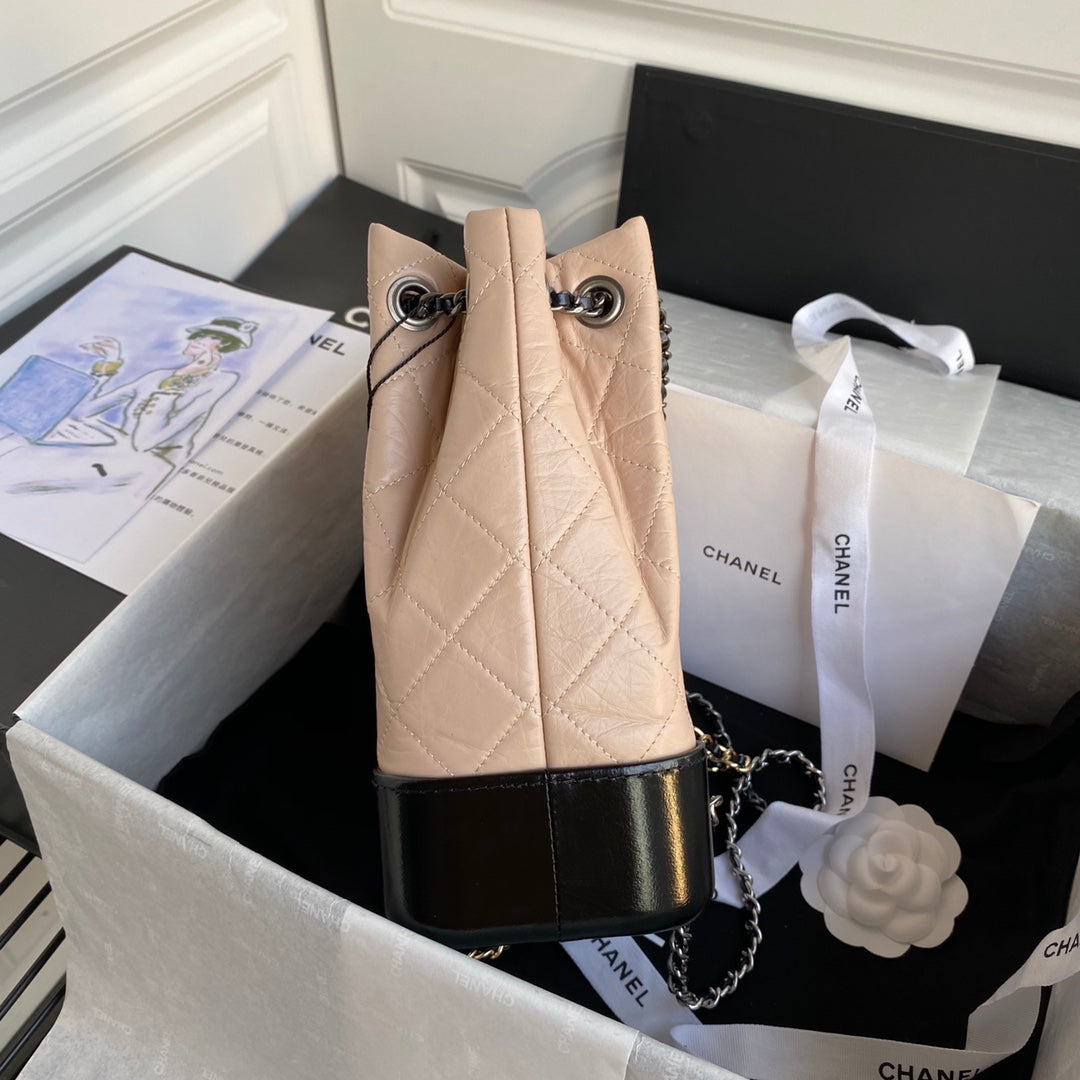CHANEL GRABRIELLE SMALL 24 BACKPACK IN ALMOND BEIGE MIX BLACK CALFSKIN