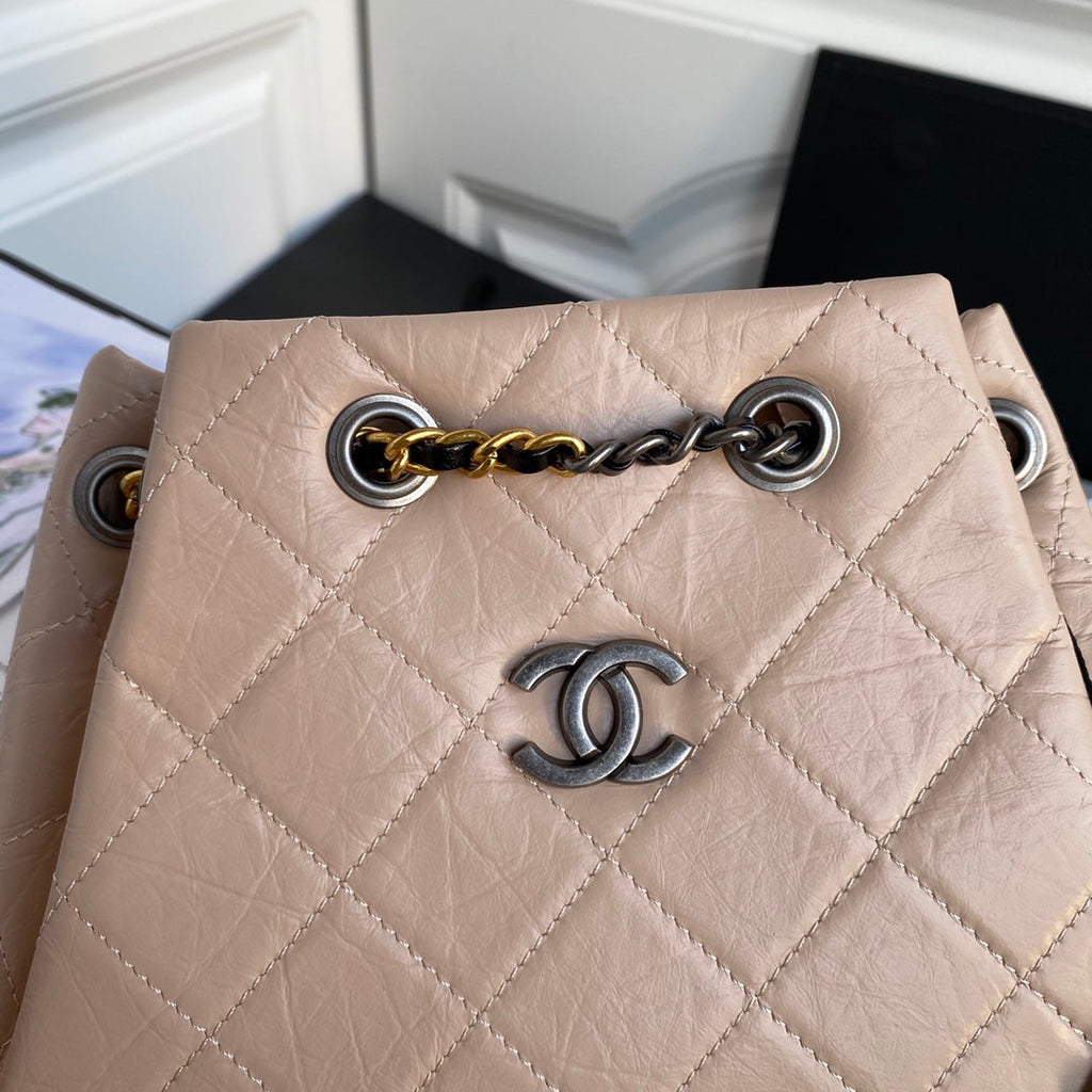 CHANEL GRABRIELLE SMALL 24 BACKPACK IN ALMOND BEIGE MIX BLACK CALFSKIN