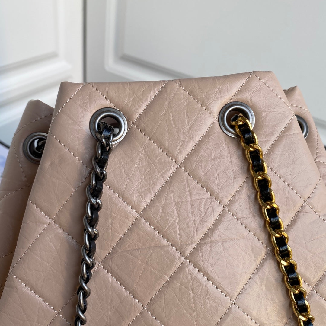 CHANEL GRABRIELLE SMALL 24 BACKPACK IN ALMOND BEIGE MIX BLACK CALFSKIN