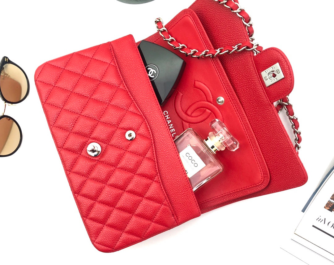 CHANEL FLAP BAG MEDIUM 25CM RED CAVIAR SILVER HARDWARE