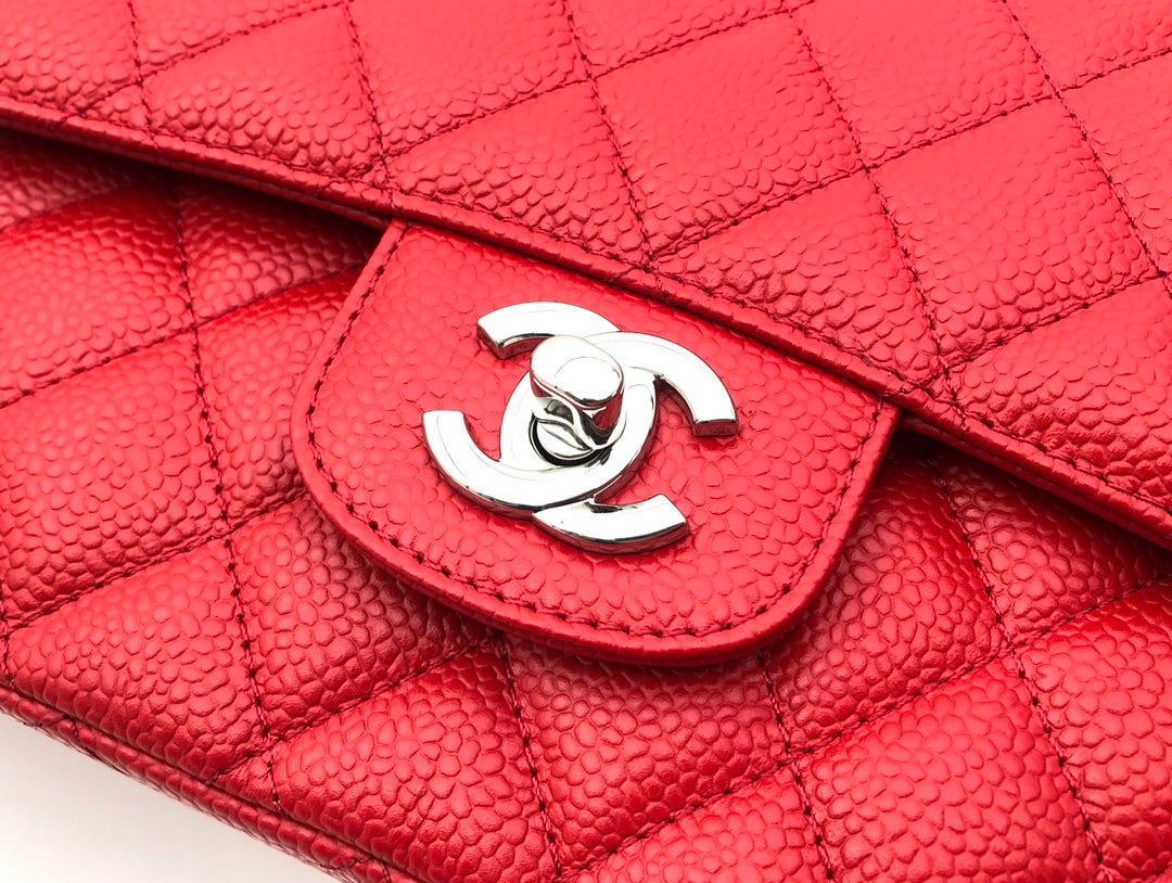 CHANEL FLAP BAG MEDIUM 25CM RED CAVIAR SILVER HARDWARE