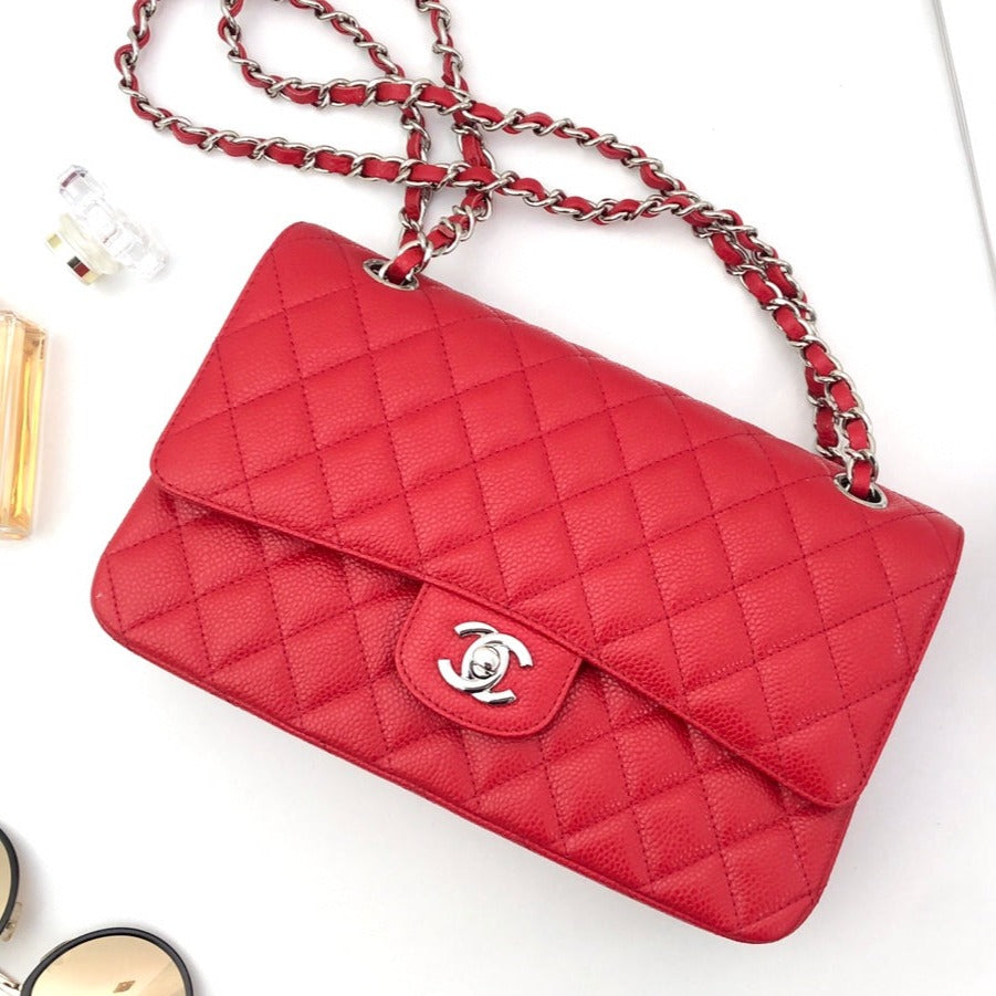 CHANEL FLAP BAG MEDIUM 25CM RED CAVIAR SILVER HARDWARE