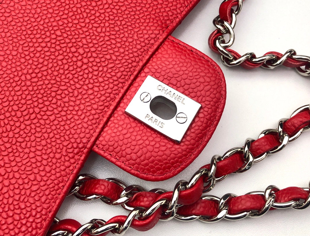 CHANEL FLAP BAG MEDIUM 25CM RED CAVIAR SILVER HARDWARE