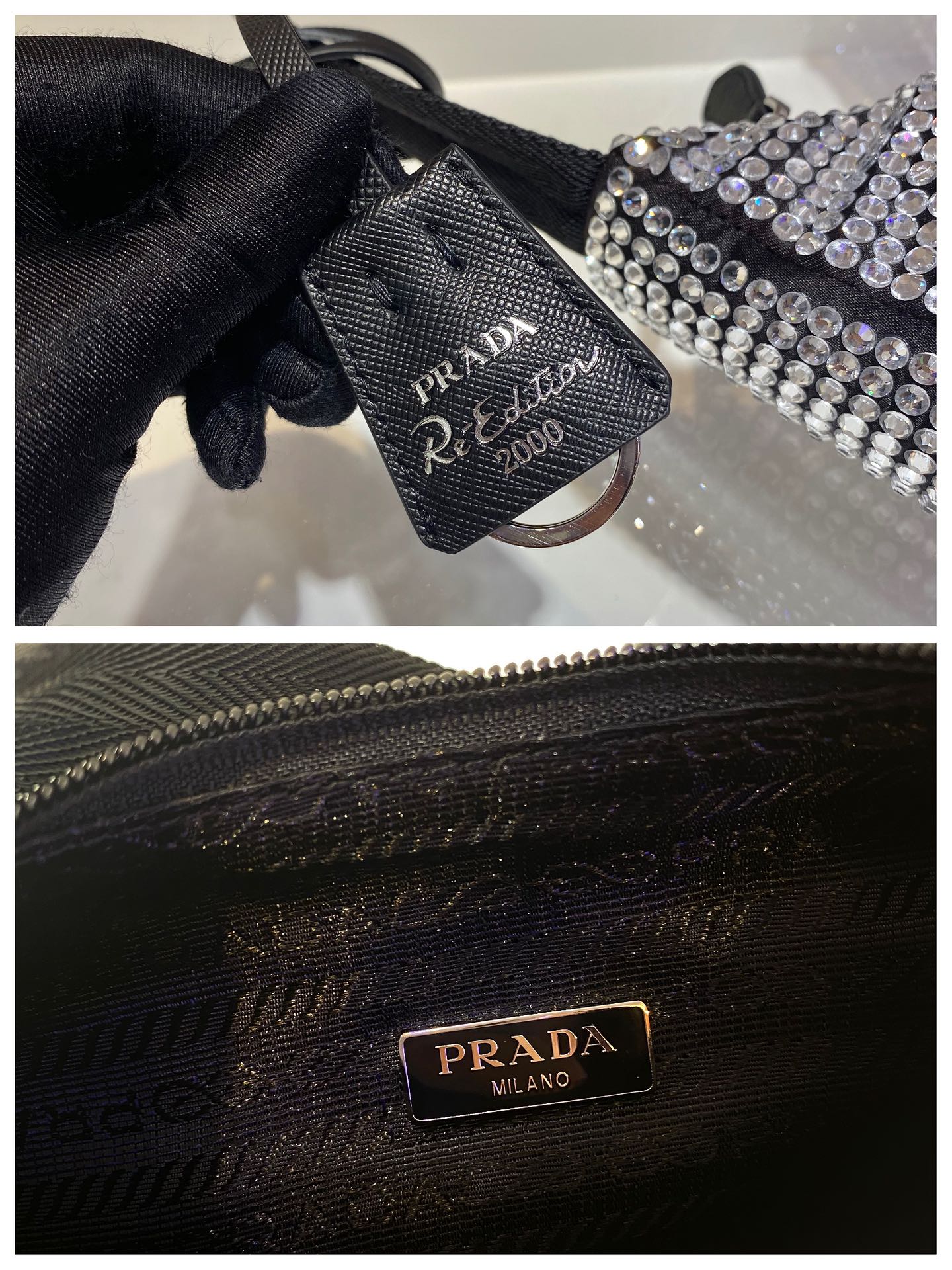 PRADA SPARKLING HOBO BAG 23 IN BLACK NYLON ATTACHED FULLY CRYSTALS