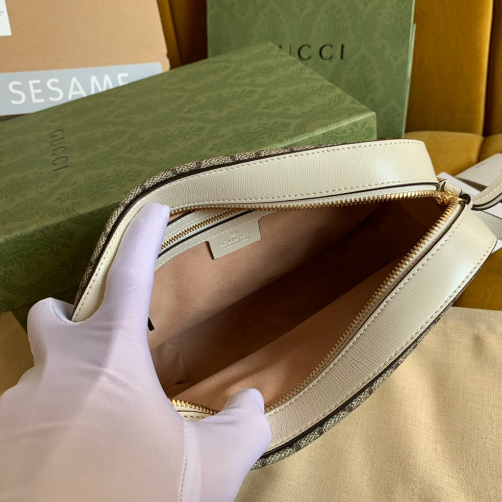 GUCCI HORSEBIT 1955 HANDBAG 22 BROWN CANVAS AND WHITE CALFSKIN