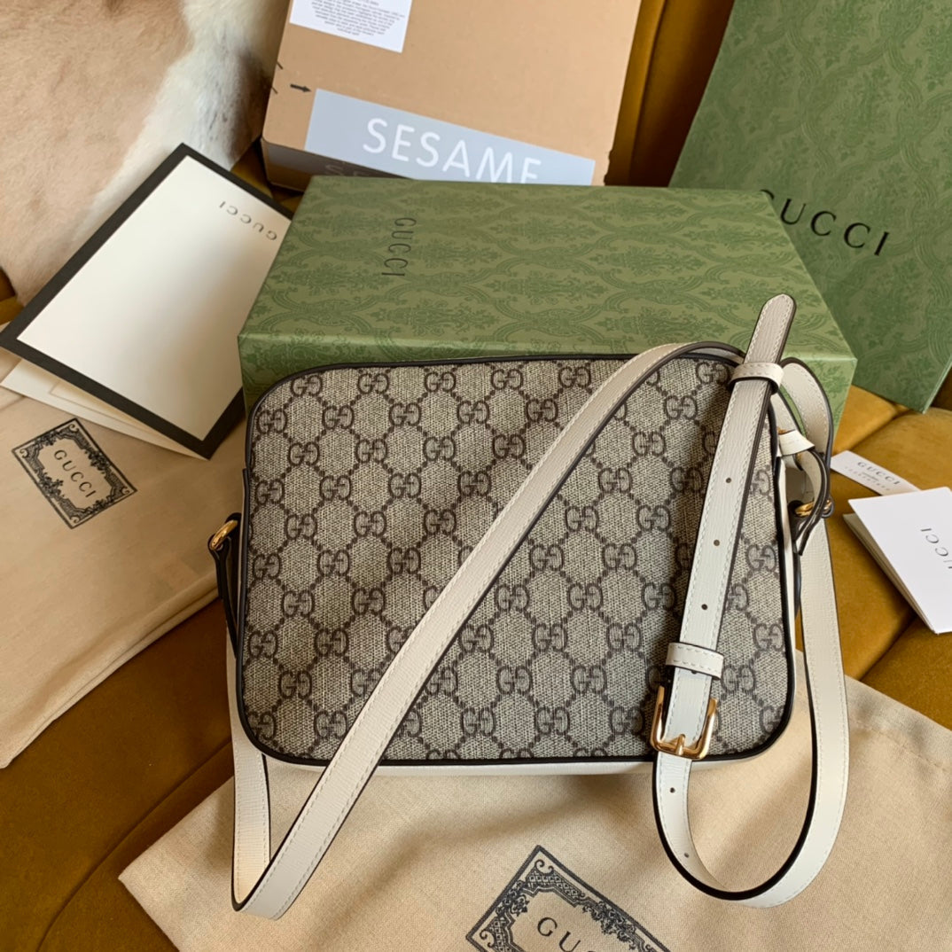 GUCCI HORSEBIT 1955 HANDBAG 22 BROWN CANVAS AND WHITE CALFSKIN