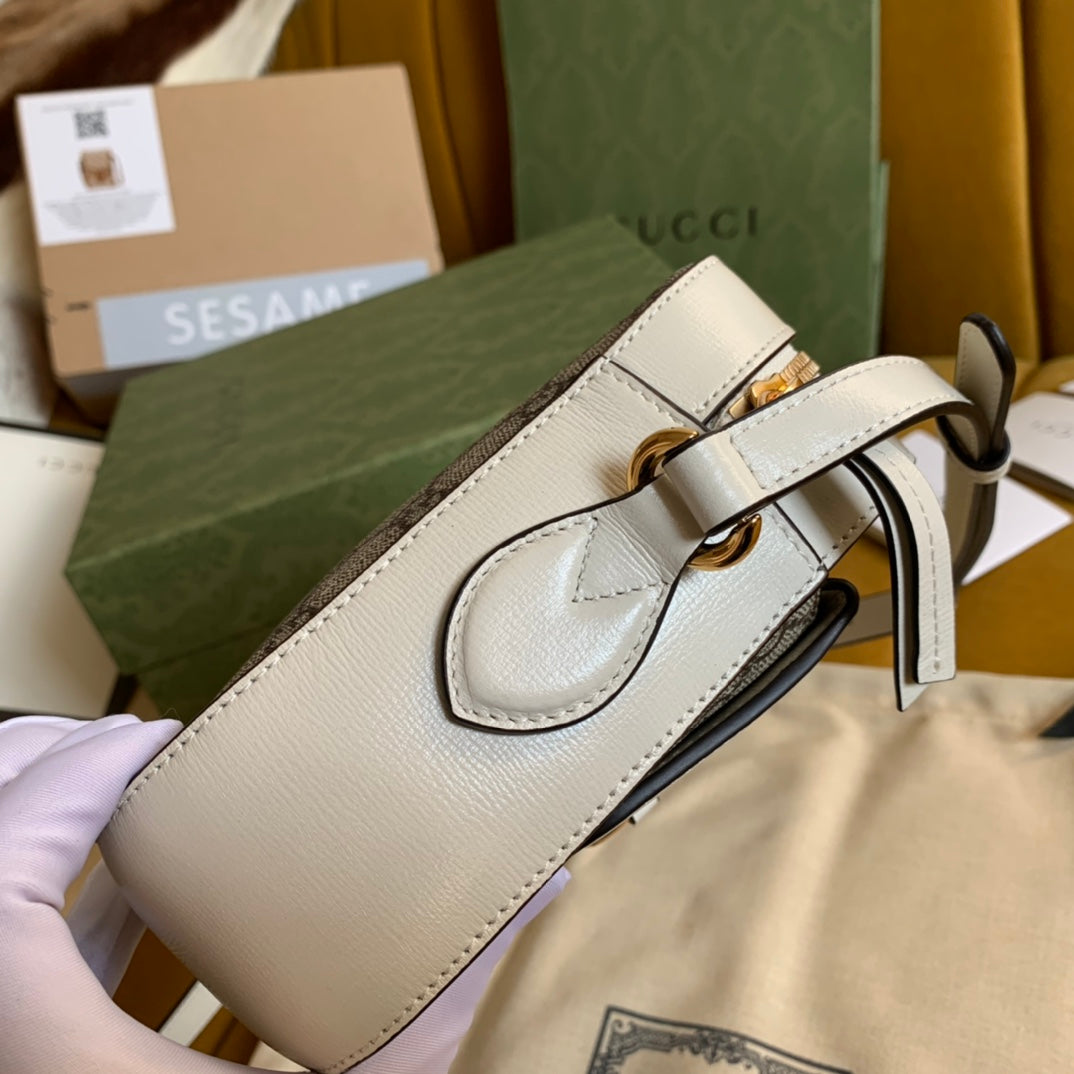 GUCCI HORSEBIT 1955 HANDBAG 22 BROWN CANVAS AND WHITE CALFSKIN