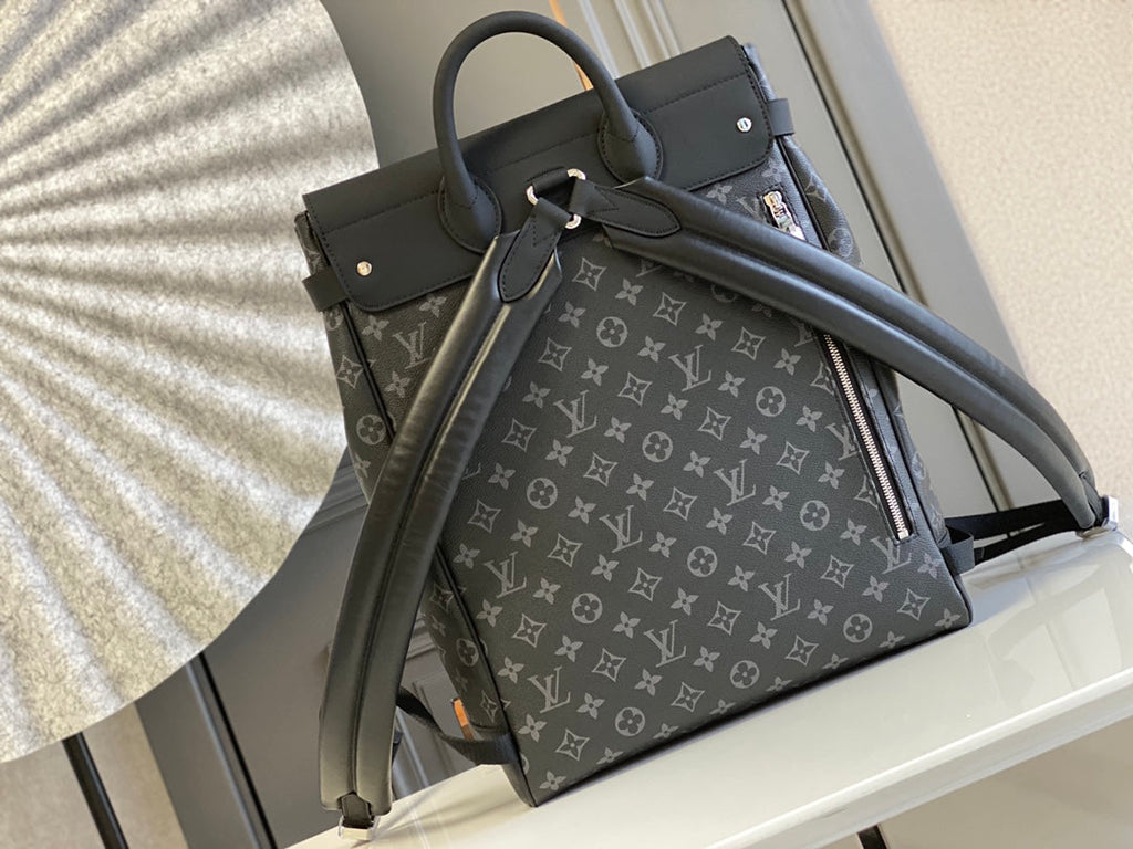 LOUIS VUITTON STEAMER BACKPACK 45 IN GUN METAL MONOGRAM ECLIPSE CANVAS AND BLACK CALFSKIN SILVER BUCKLE