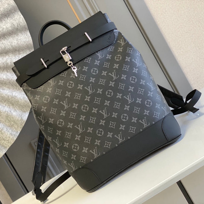 LOUIS VUITTON STEAMER BACKPACK 45 IN GUN METAL MONOGRAM ECLIPSE CANVAS AND BLACK CALFSKIN SILVER BUCKLE