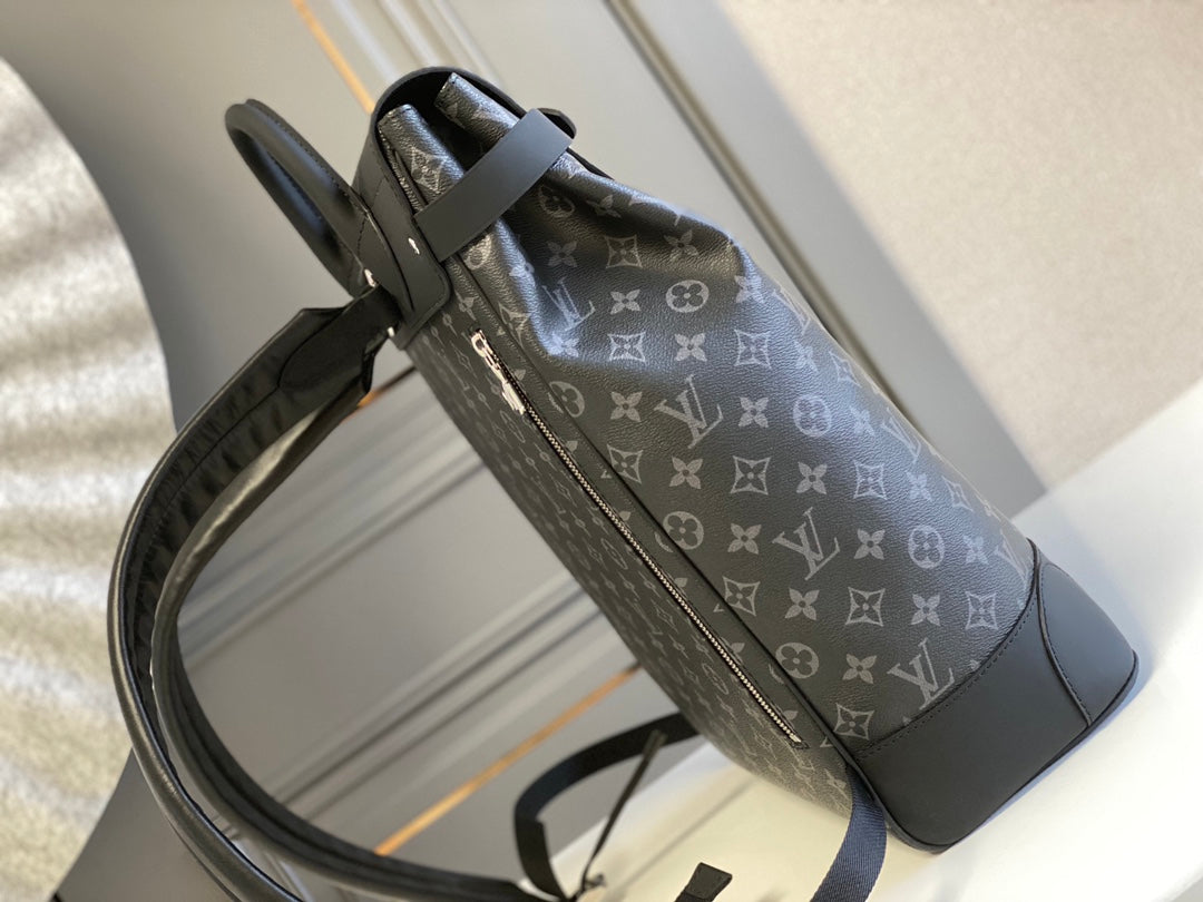 LOUIS VUITTON STEAMER BACKPACK 45 IN GUN METAL MONOGRAM ECLIPSE CANVAS AND BLACK CALFSKIN SILVER BUCKLE