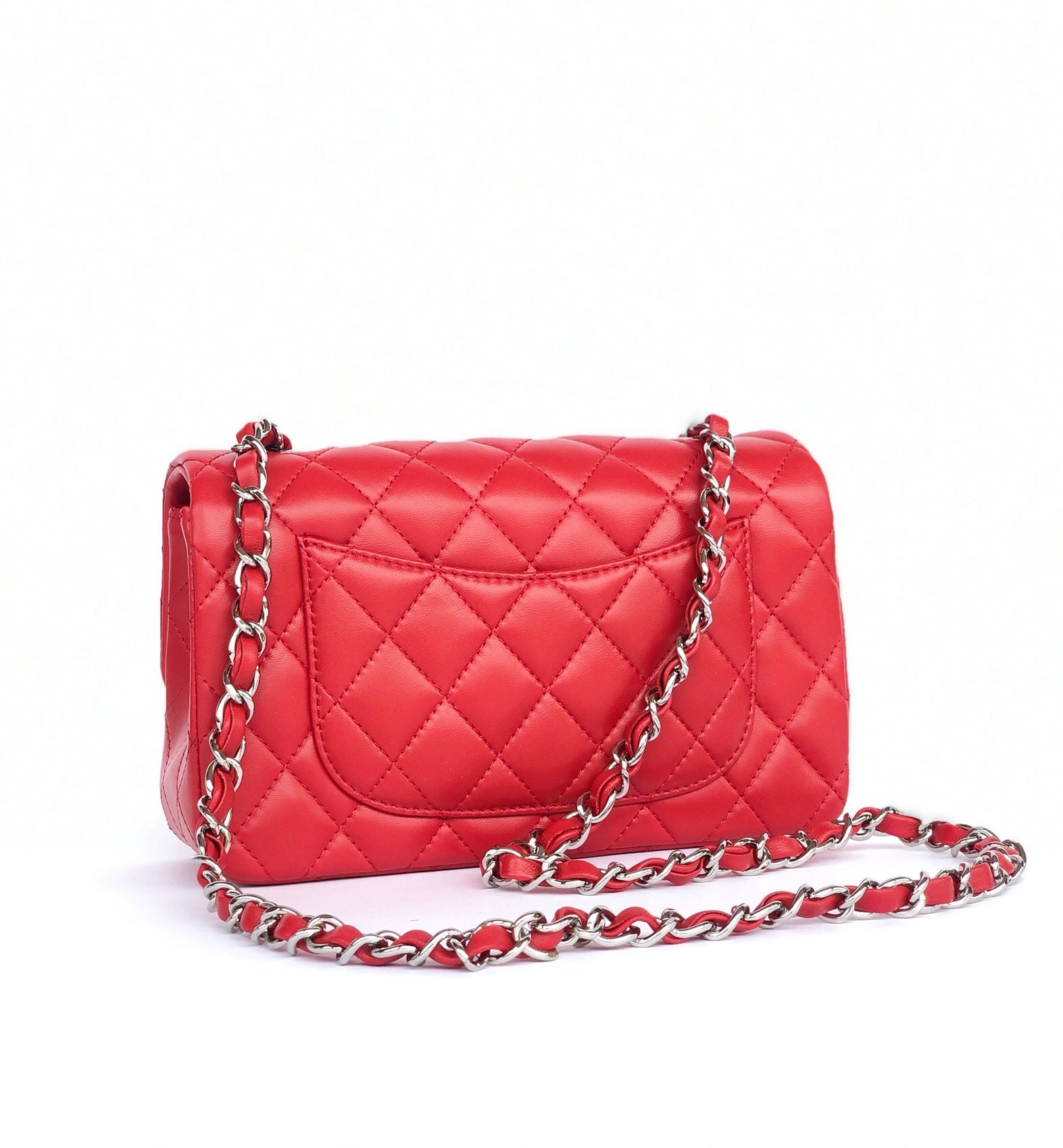 CHANEL MINI RECTANGLE FLAP BAG 20CM RED LAMBSKIN SILVER HARDWARE
