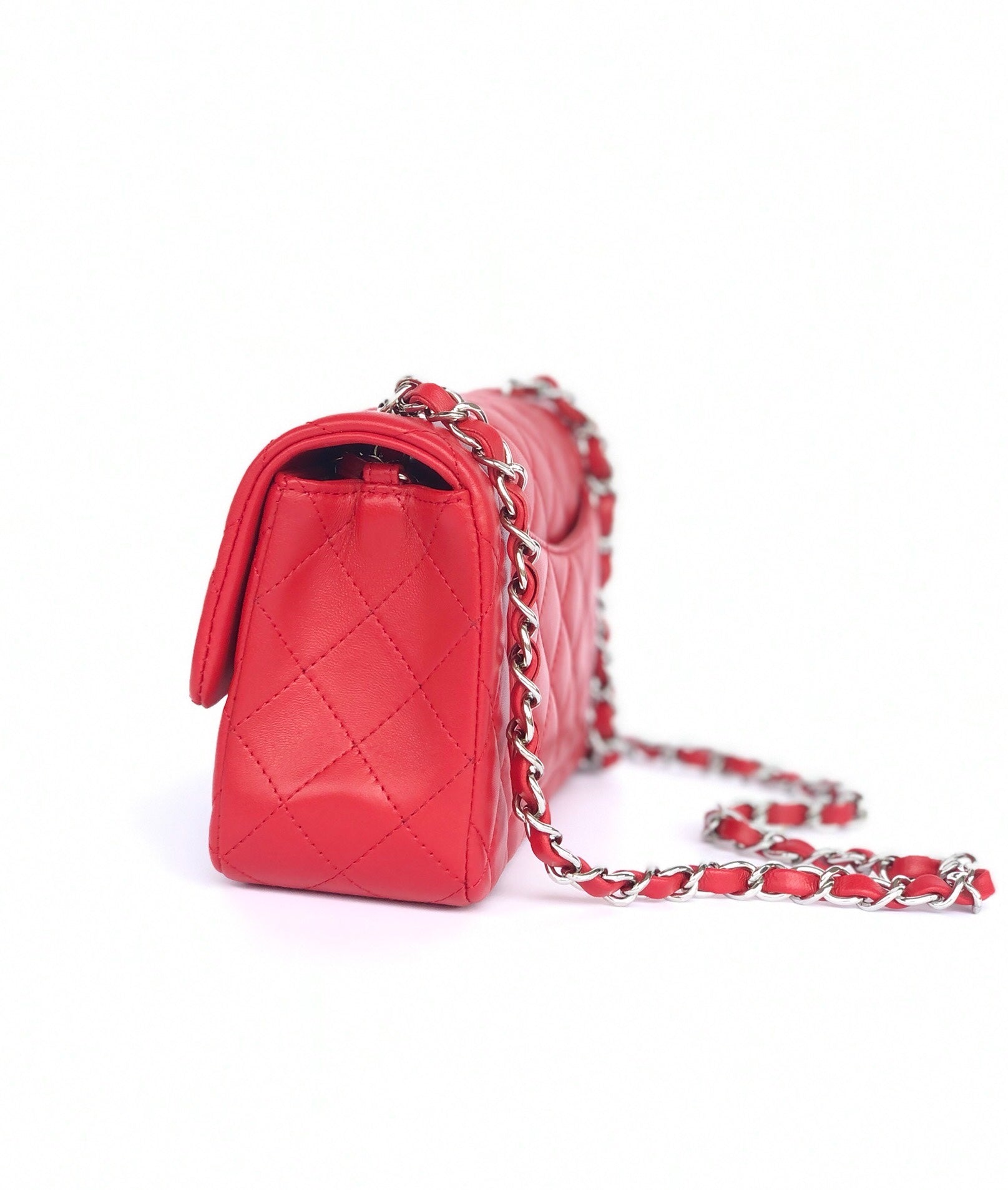 CHANEL MINI RECTANGLE FLAP BAG 20CM RED LAMBSKIN SILVER HARDWARE
