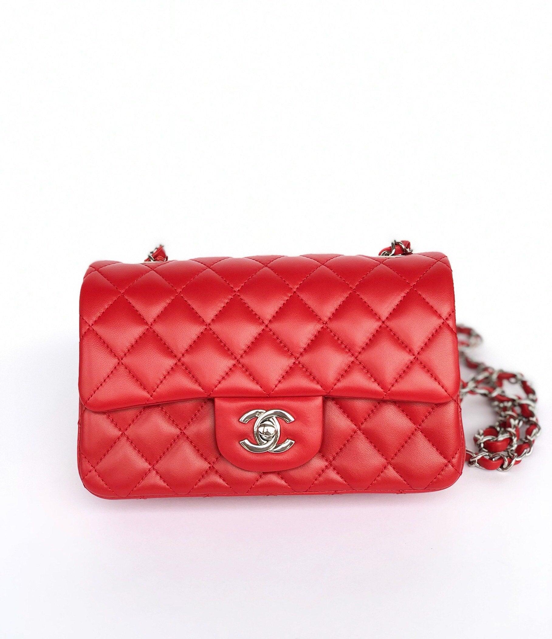 CHANEL MINI RECTANGLE FLAP BAG 20CM RED LAMBSKIN SILVER HARDWARE