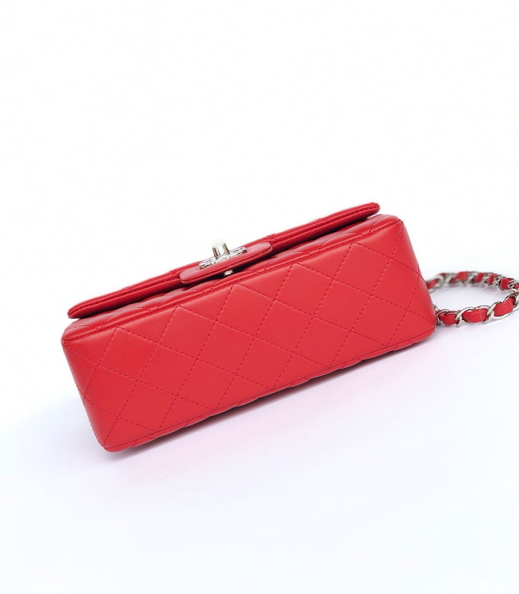 CHANEL MINI RECTANGLE FLAP BAG 20CM RED LAMBSKIN SILVER HARDWARE