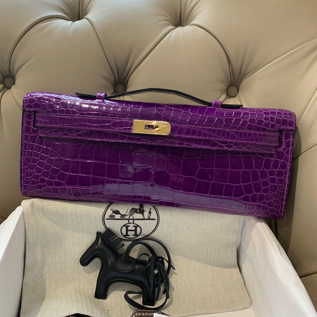 HERMES KELLY CUT 31 IN VIOLET PURPLE ALLIGATOR LEATHER WITH GOLD HARDWARE