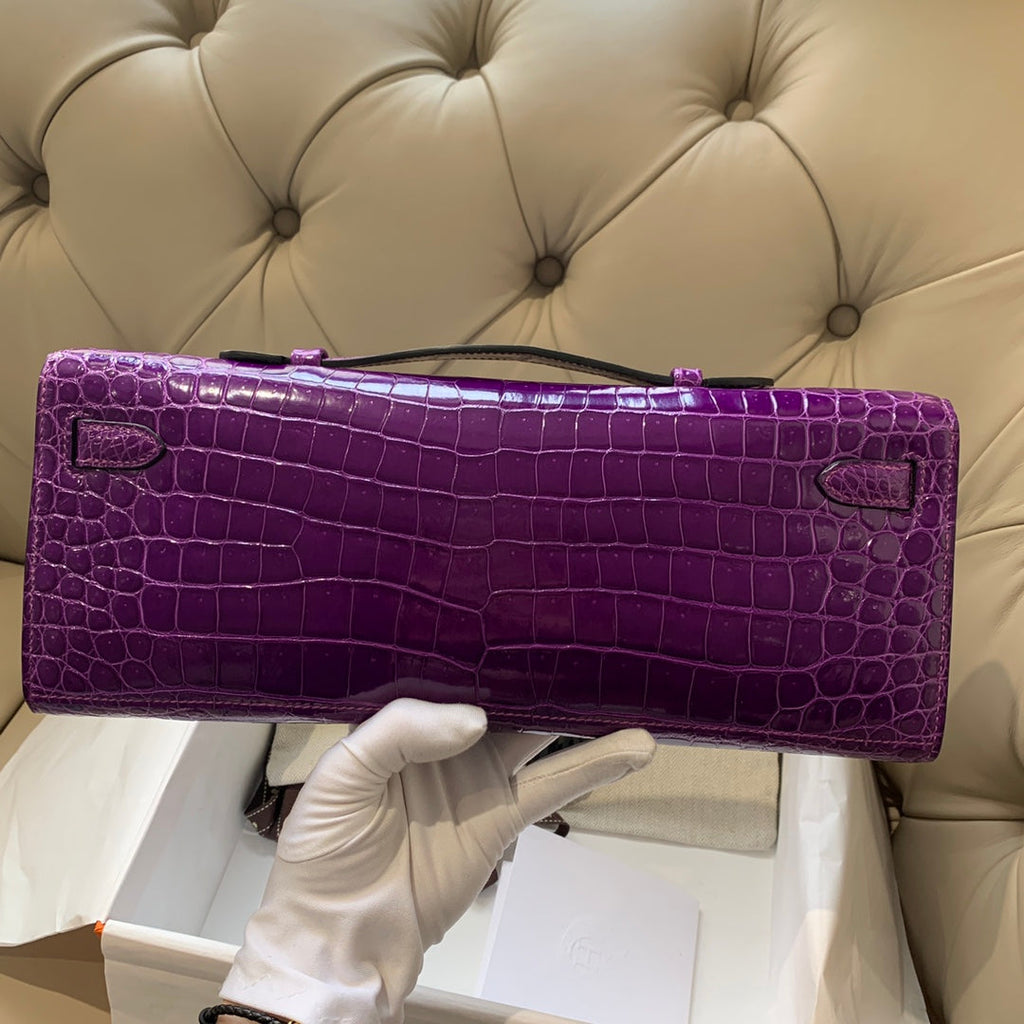 HERMES KELLY CUT 31 IN VIOLET PURPLE ALLIGATOR LEATHER WITH GOLD HARDWARE