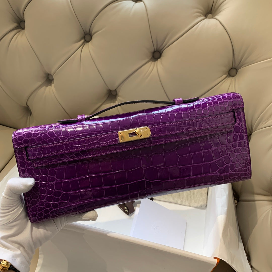 HERMES KELLY CUT 31 IN VIOLET PURPLE ALLIGATOR LEATHER WITH GOLD HARDWARE
