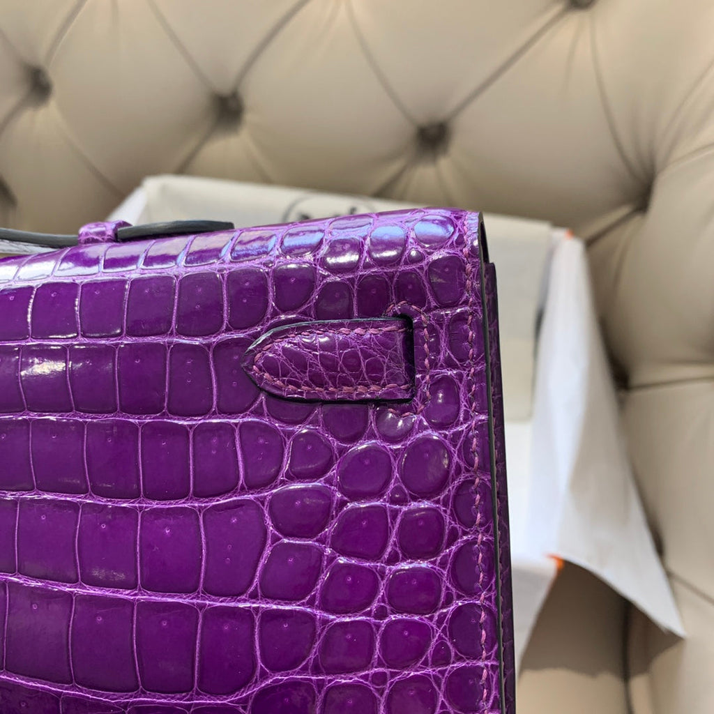 HERMES KELLY CUT 31 IN VIOLET PURPLE ALLIGATOR LEATHER WITH GOLD HARDWARE