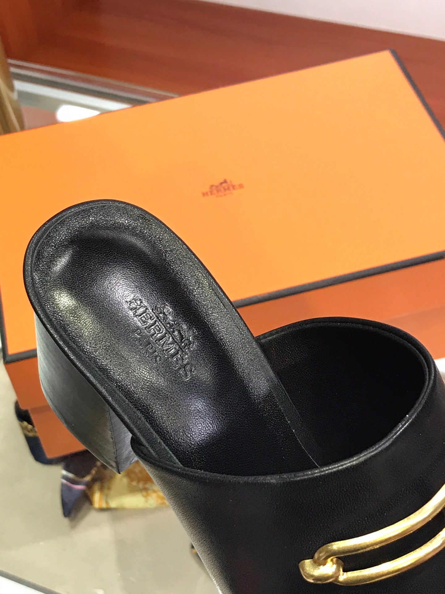 HERMES CAMILLA MULE 65 BLACK CALFSKIN