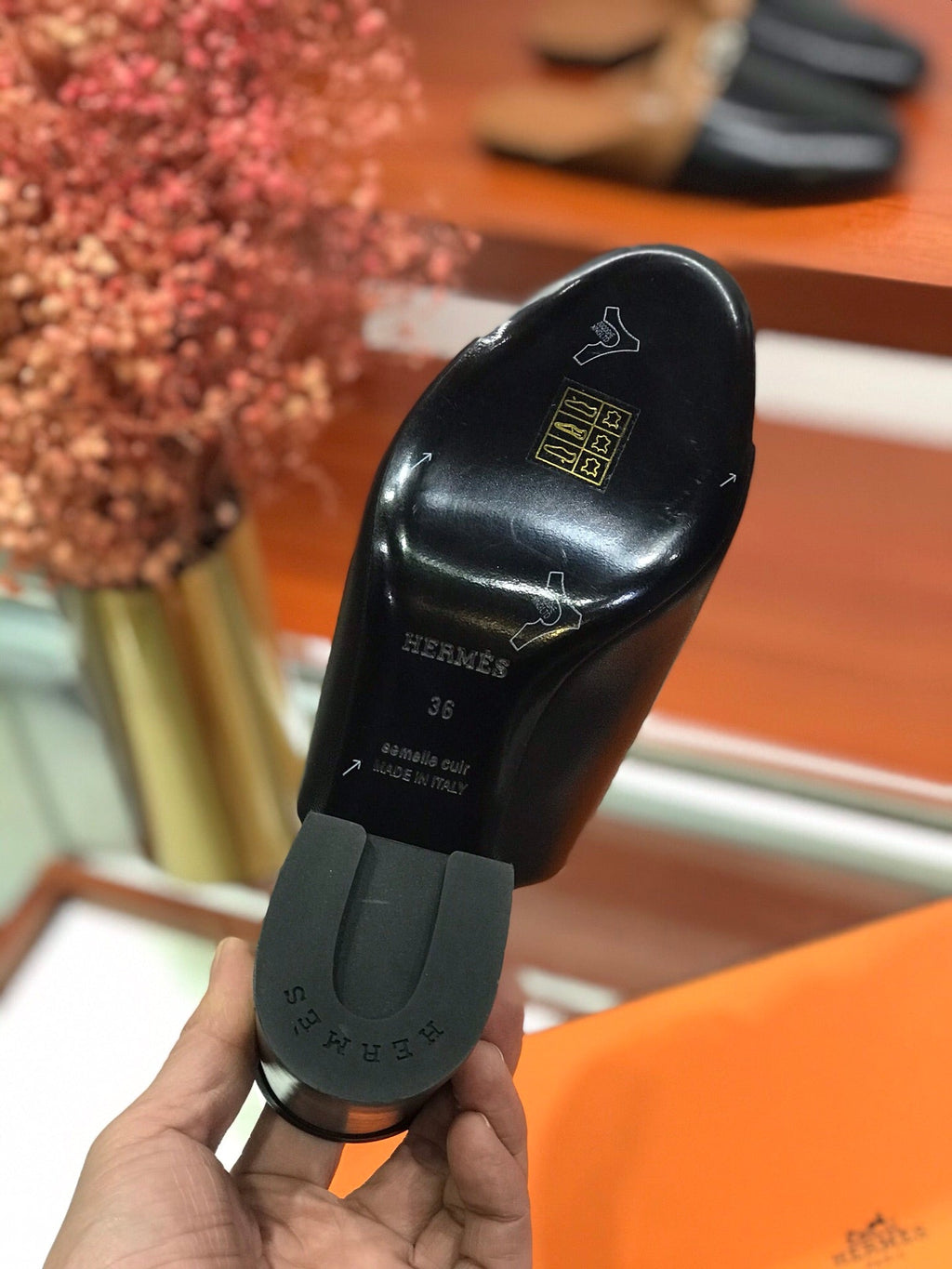 HERMES CAMILLA MULE 65 BLACK CALFSKIN