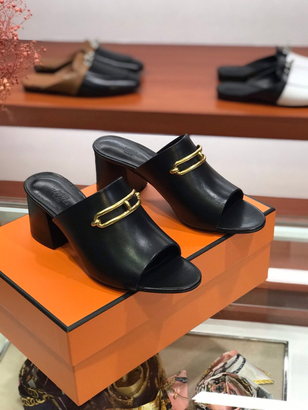HERMES CAMILLA MULE 65 BLACK CALFSKIN