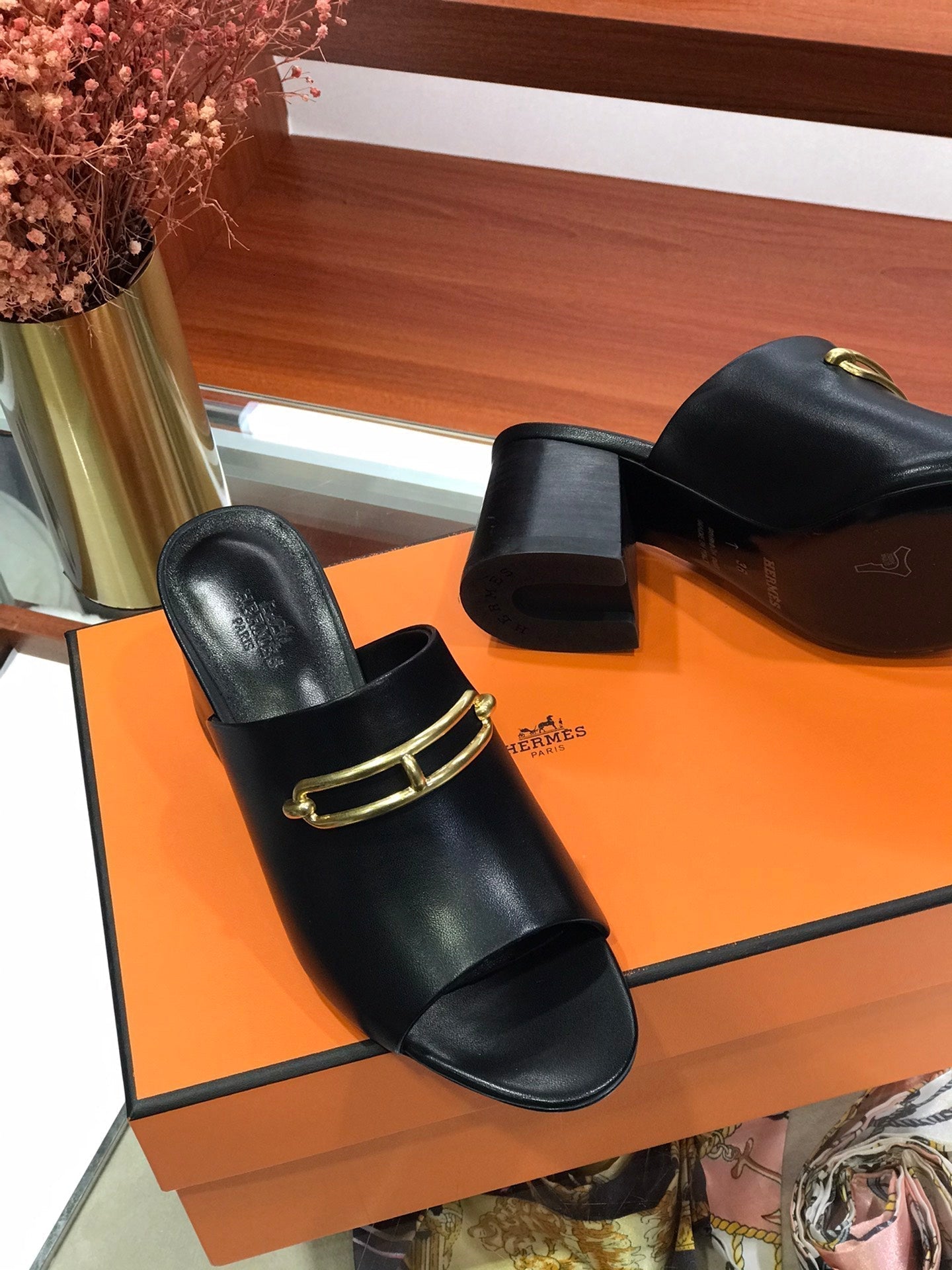 HERMES CAMILLA MULE 65 BLACK CALFSKIN