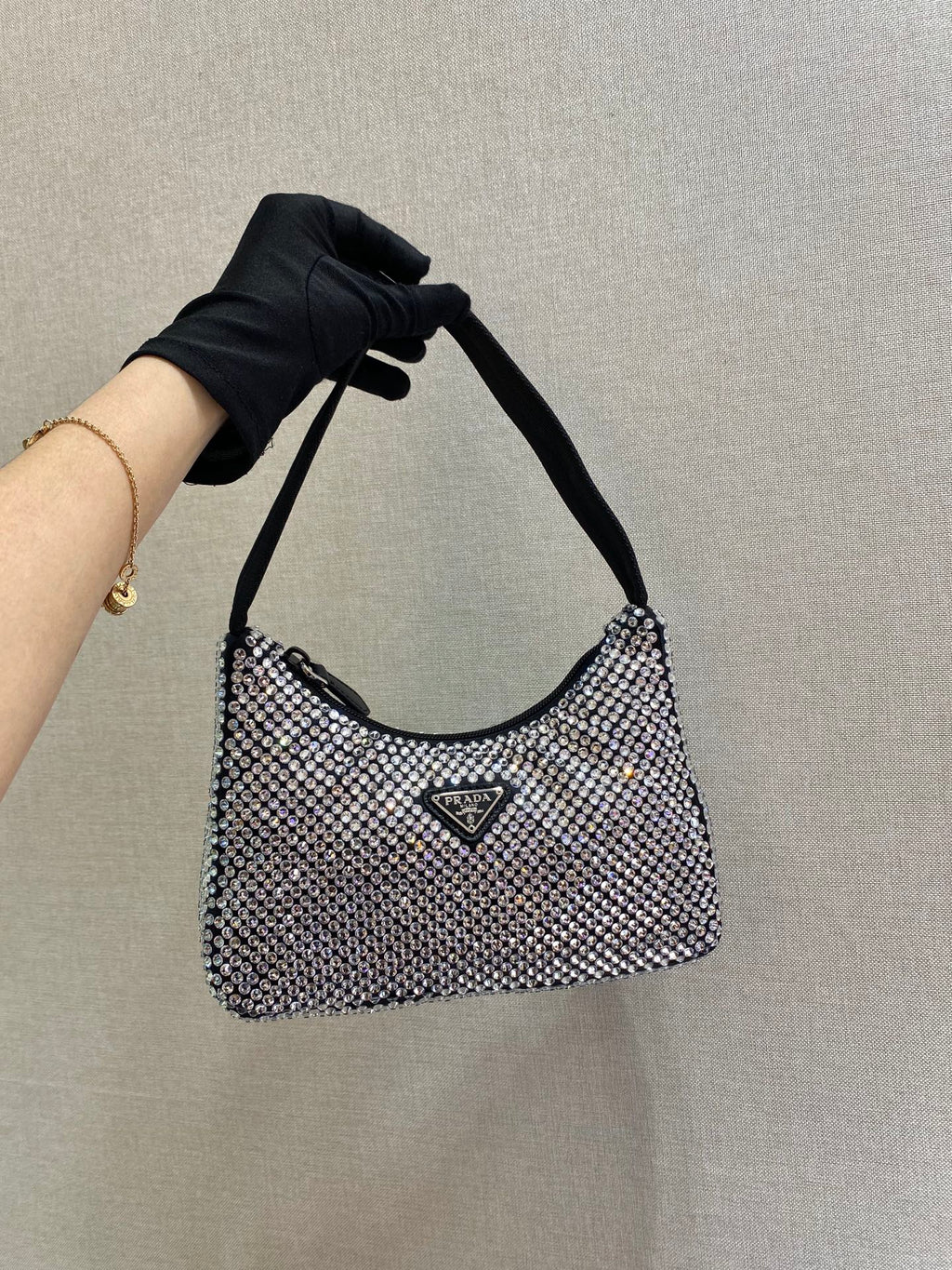 PRADA SPARKLING HOBO BAG 23 IN BLACK NYLON ATTACHED FULLY CRYSTALS