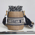 DIOR BUCKET BAG 19 IN BLACK OBLIQUE JACQUARD AND BEIGE WICKER