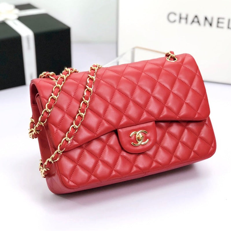 CHANEL FLAP BAG JUMBO 30CM RED LAMBSKIN GOLD HARDWARE