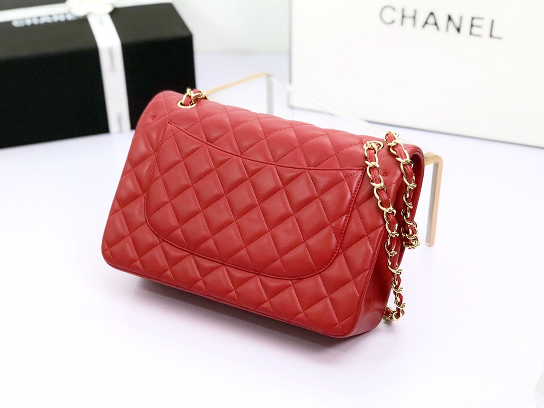 CHANEL FLAP BAG JUMBO 30CM RED LAMBSKIN GOLD HARDWARE