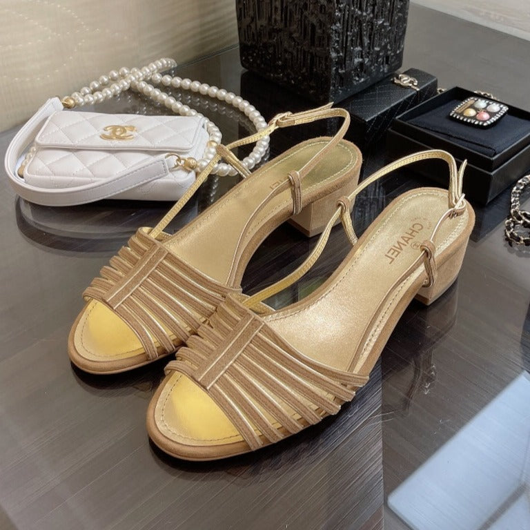 CHANEL SLINGBACKS SANDAL IN CAMEL BEIGE SUEDE