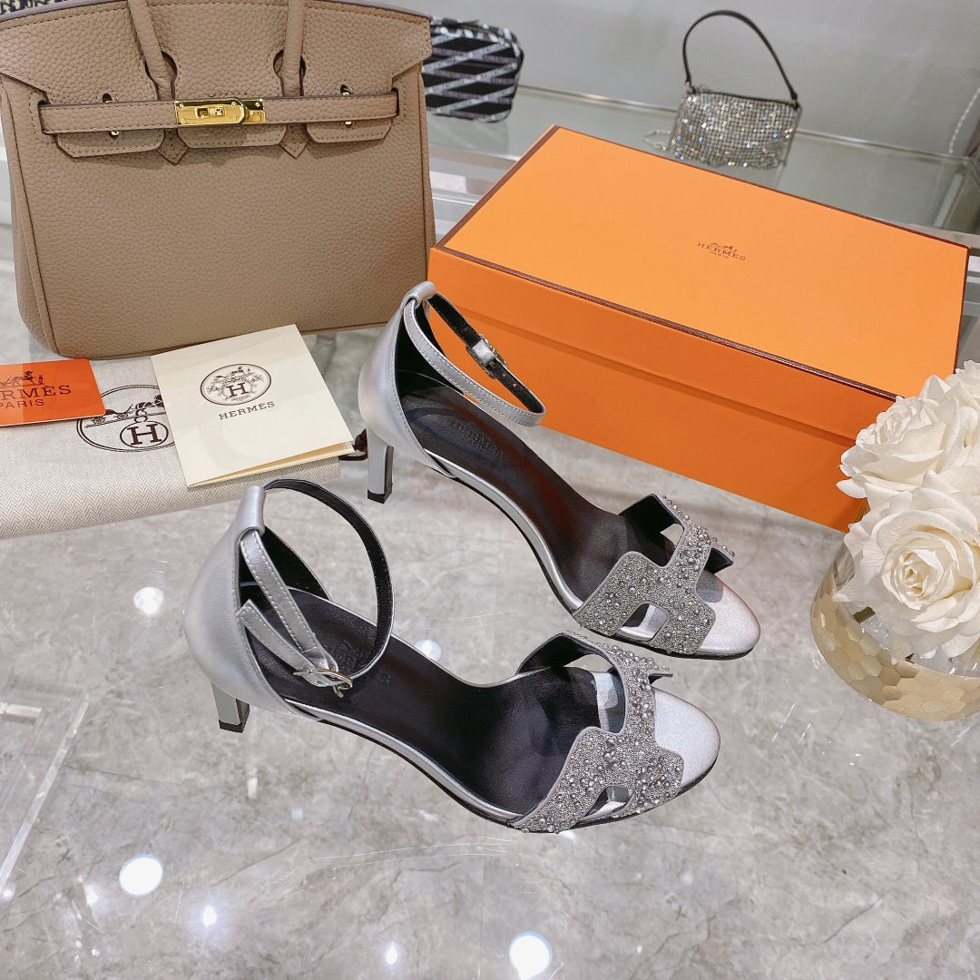 HERMES PREMIERE 70 SANDAL IN SILVER CALFSKIN WITH WHITE CRYSTALS