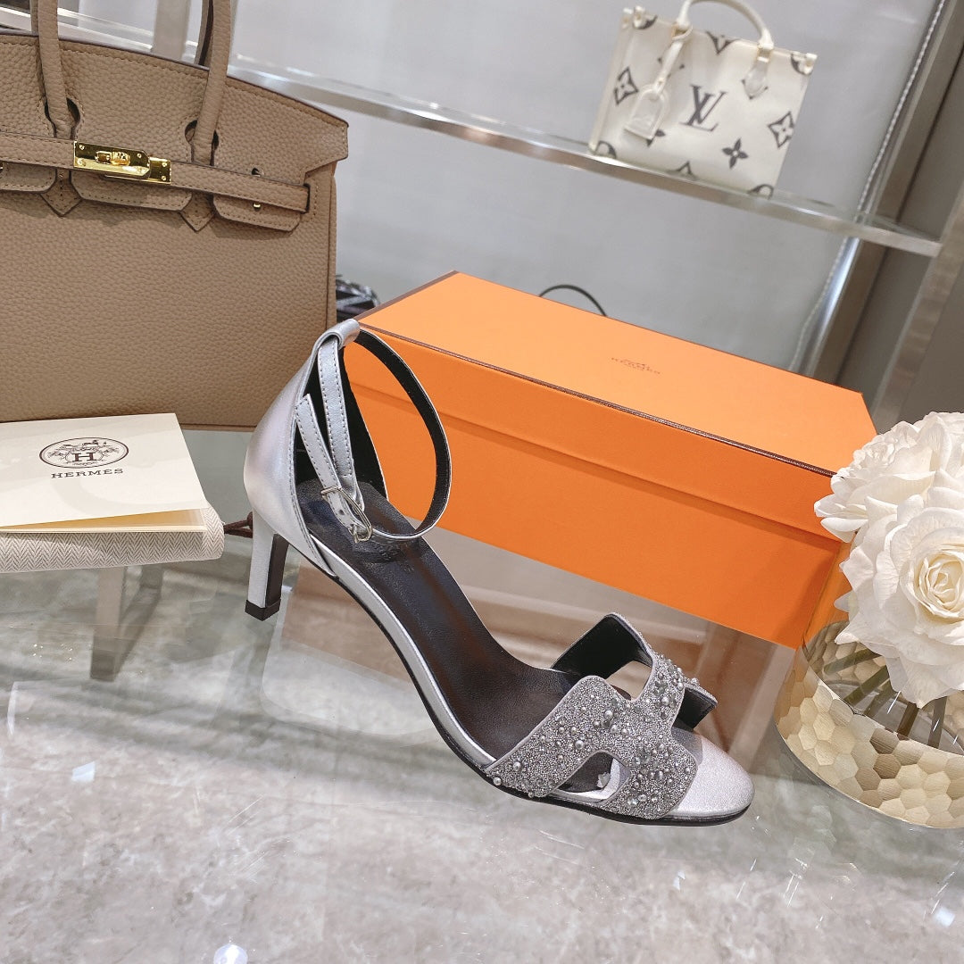 HERMES PREMIERE 70 SANDAL IN SILVER CALFSKIN WITH WHITE CRYSTALS