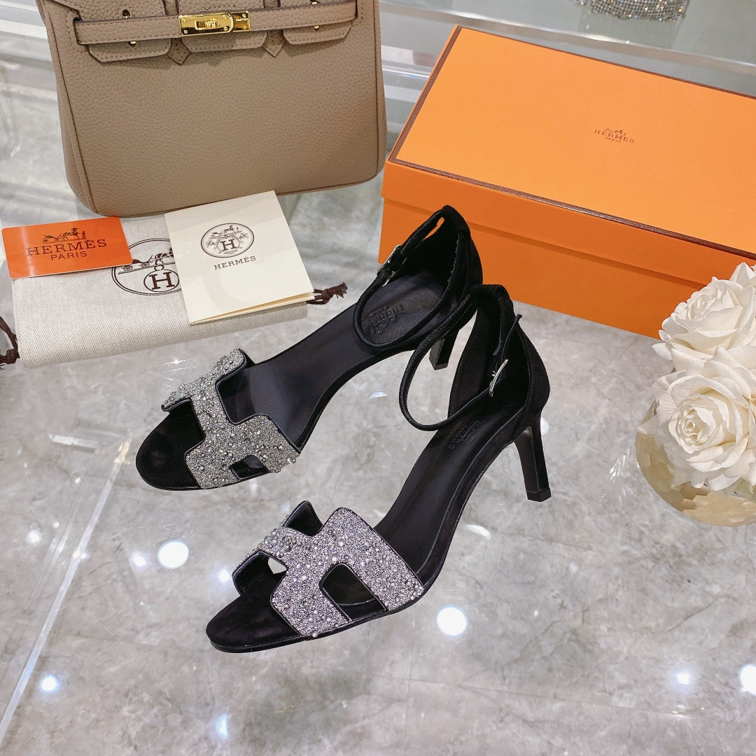 HERMES PREMIERE 70 SANDAL IN BLACK SUEDE WITH WHITE CRYSTALS