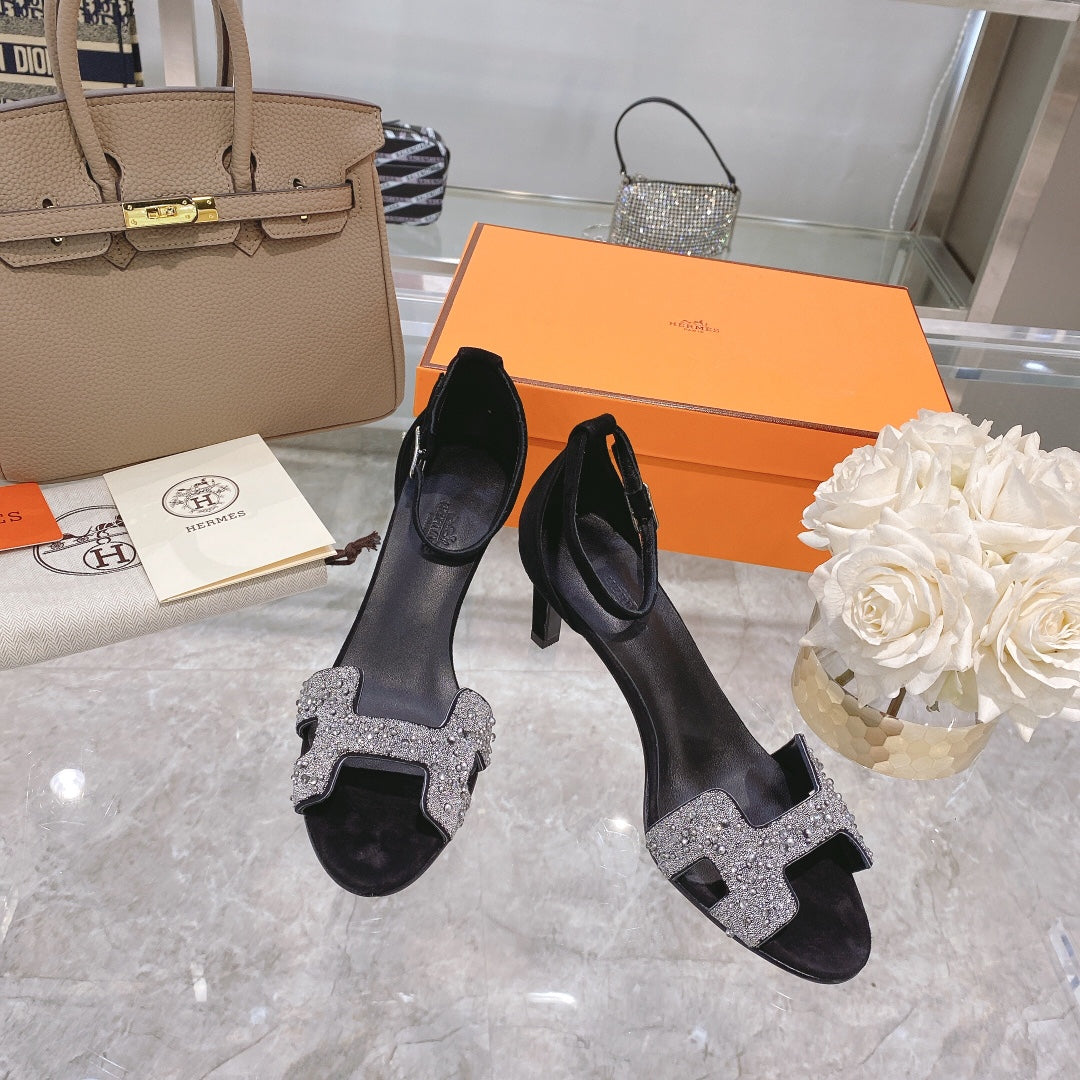 HERMES PREMIERE 70 SANDAL IN BLACK SUEDE WITH WHITE CRYSTALS