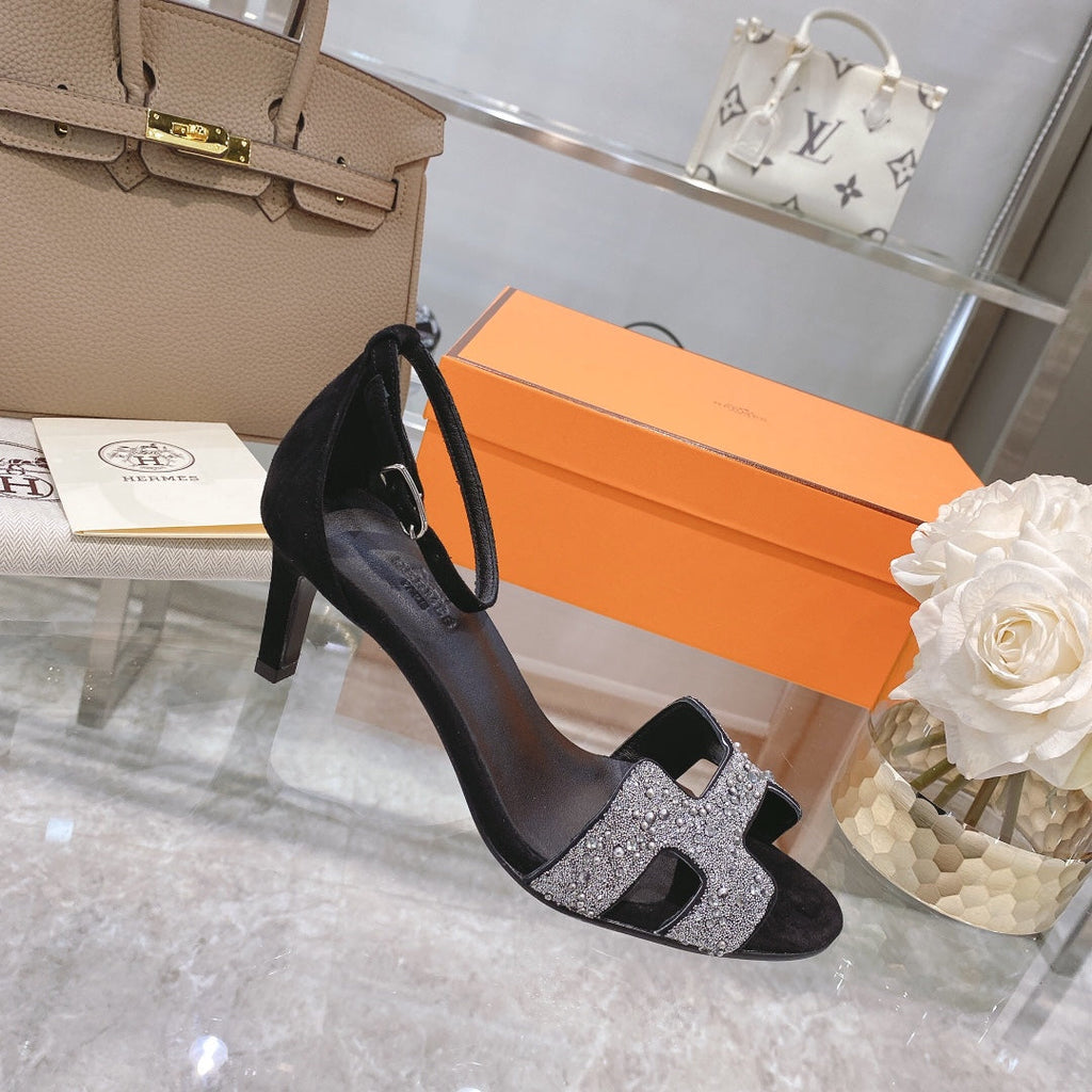 HERMES PREMIERE 70 SANDAL IN BLACK SUEDE WITH WHITE CRYSTALS