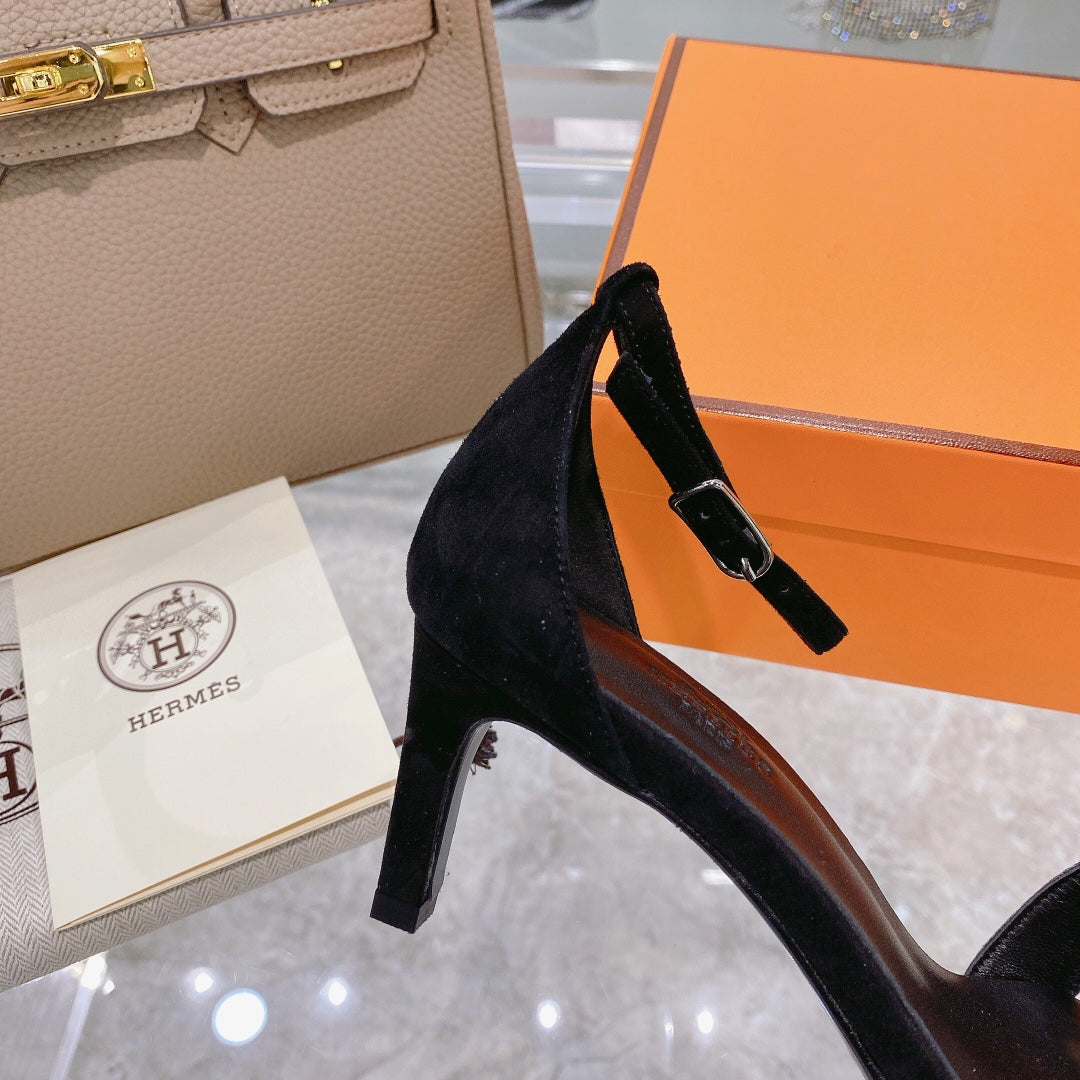 HERMES PREMIERE 70 SANDAL IN BLACK SUEDE WITH WHITE CRYSTALS