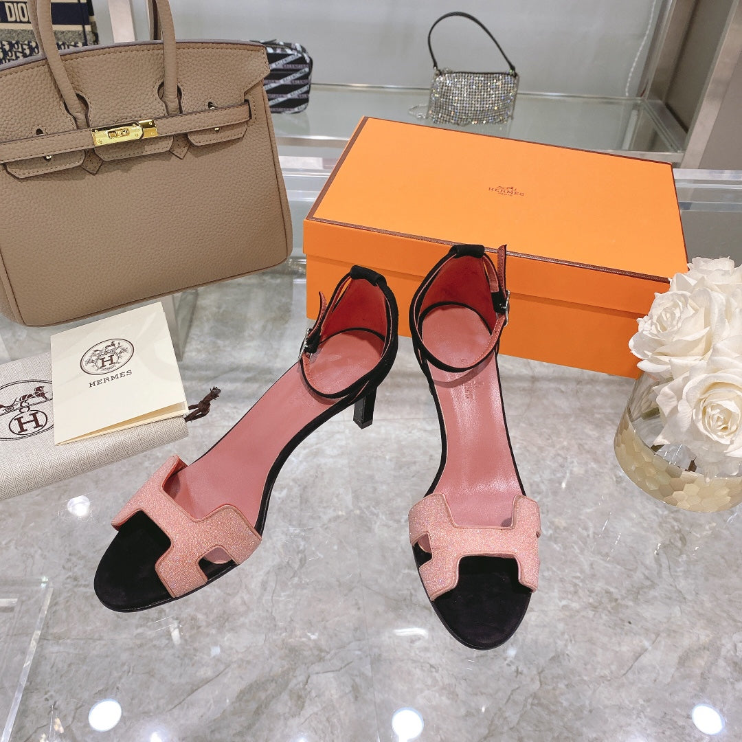 HERMES PREMIERE 70 SANDAL IN ROSE PINK MIX BLACK SUEDE
