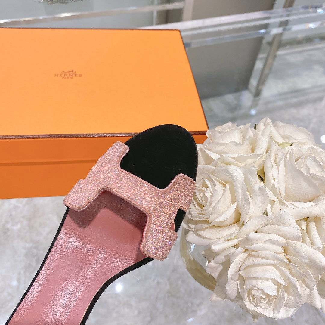 HERMES PREMIERE 70 SANDAL IN ROSE PINK MIX BLACK SUEDE
