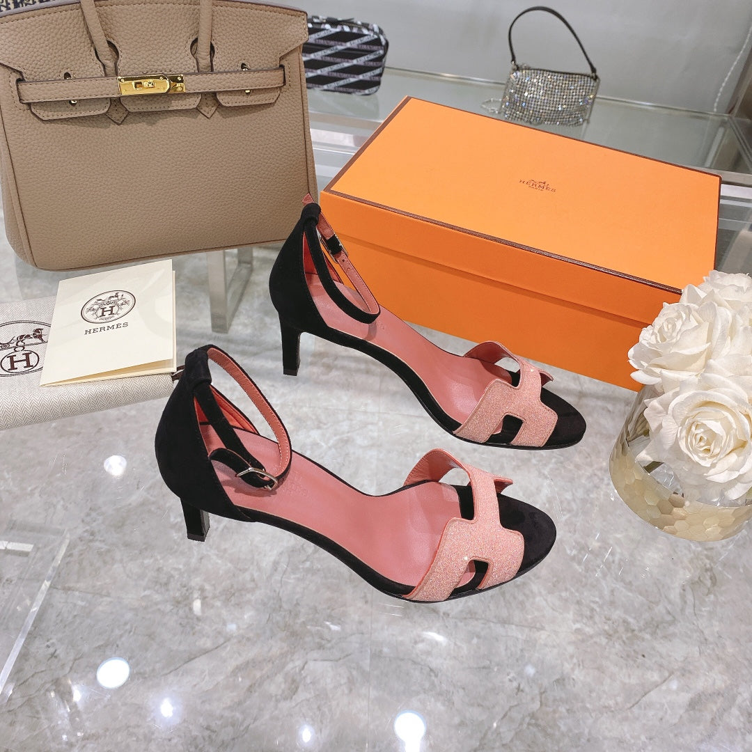 HERMES PREMIERE 70 SANDAL IN ROSE PINK MIX BLACK SUEDE