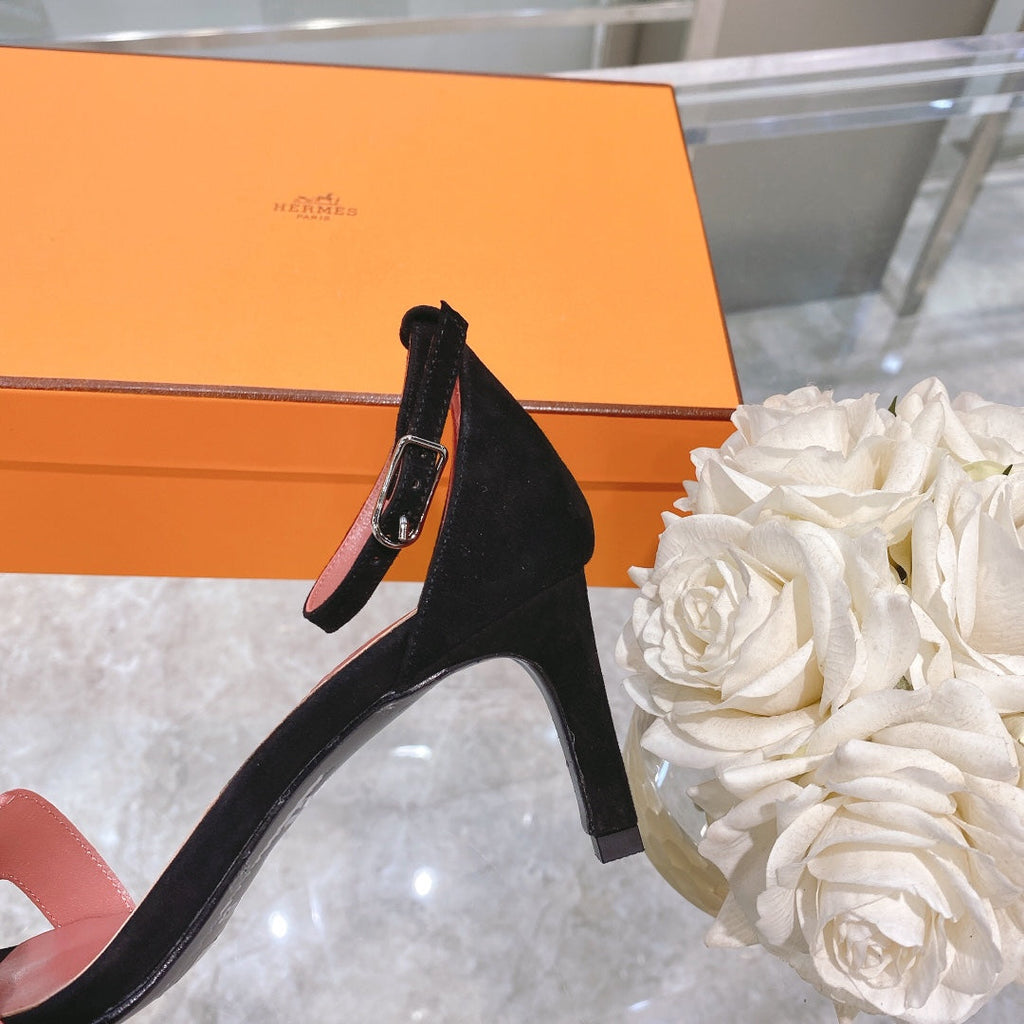 HERMES PREMIERE 70 SANDAL IN ROSE PINK MIX BLACK SUEDE