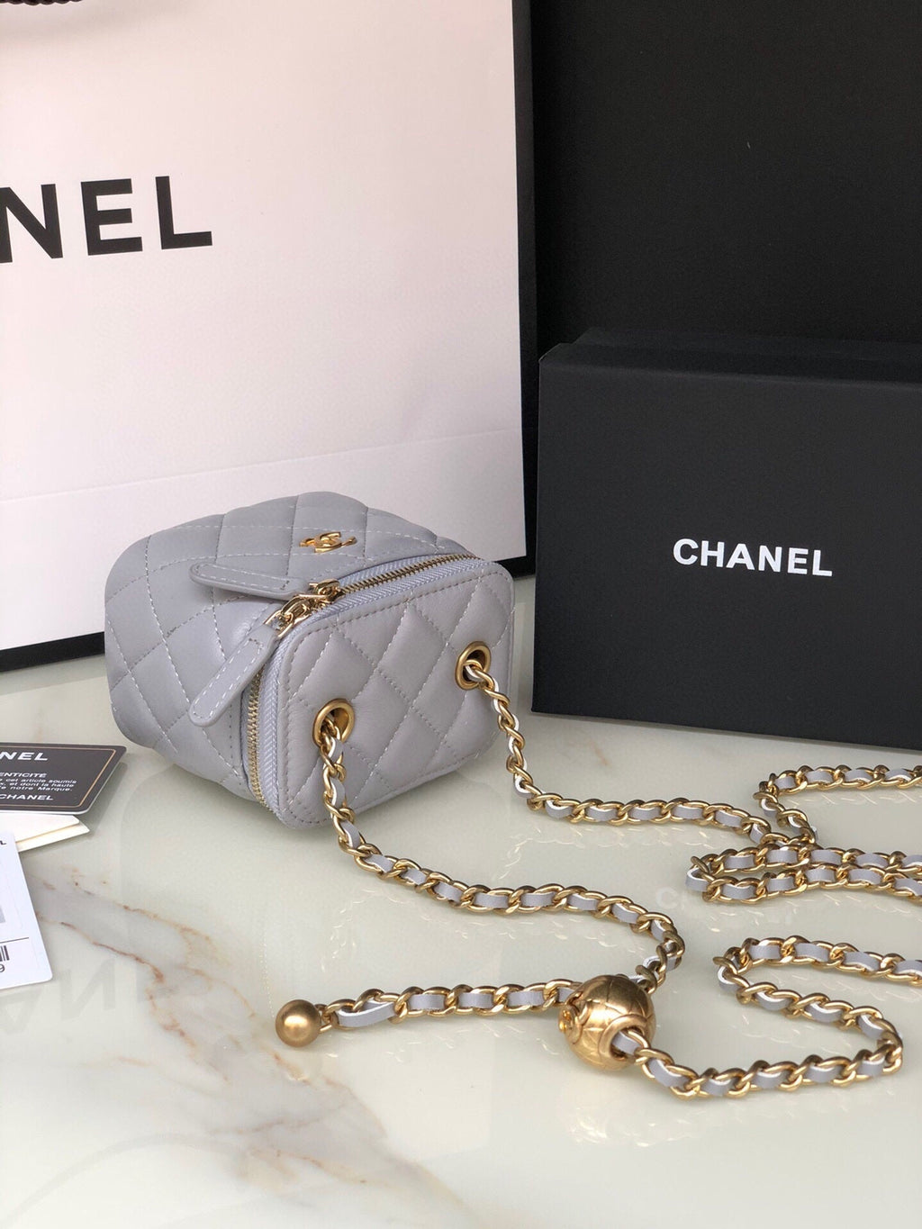 CHANEL MINI 11 VANITY CHAIN IN LIGHT GREY CALFSKIN GOLD HARDWARE