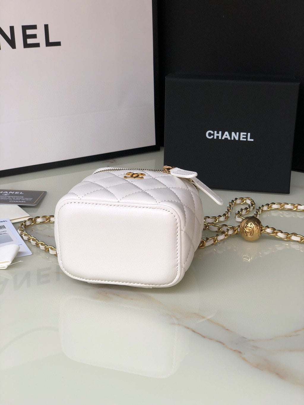 CHANEL MINI 11 VANITY CHAIN IN WHITE CALFSKIN GOLD HARDWARE